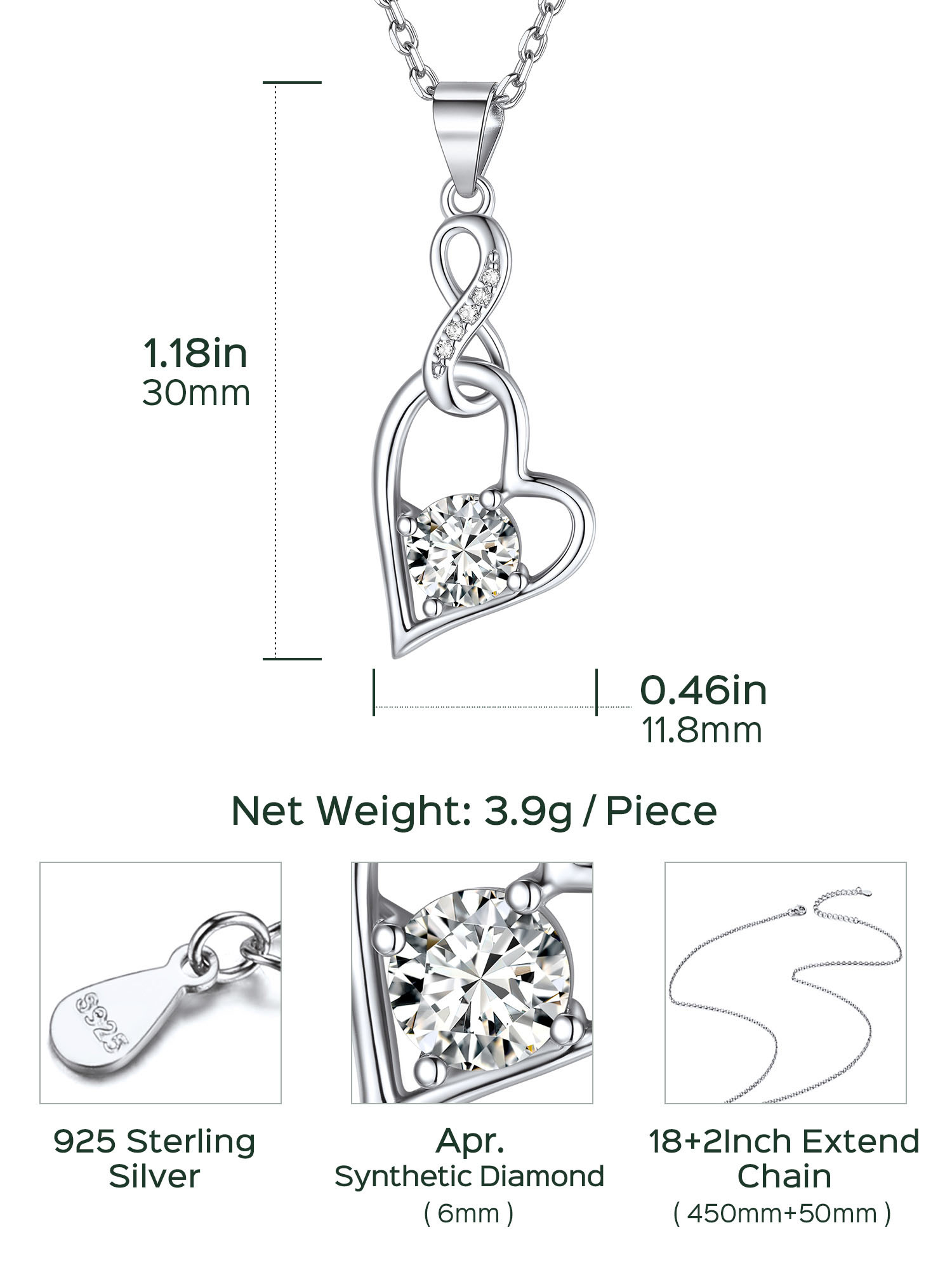 Sterling Silver Infinity Heart Birthstone Pendant Necklace For Women
