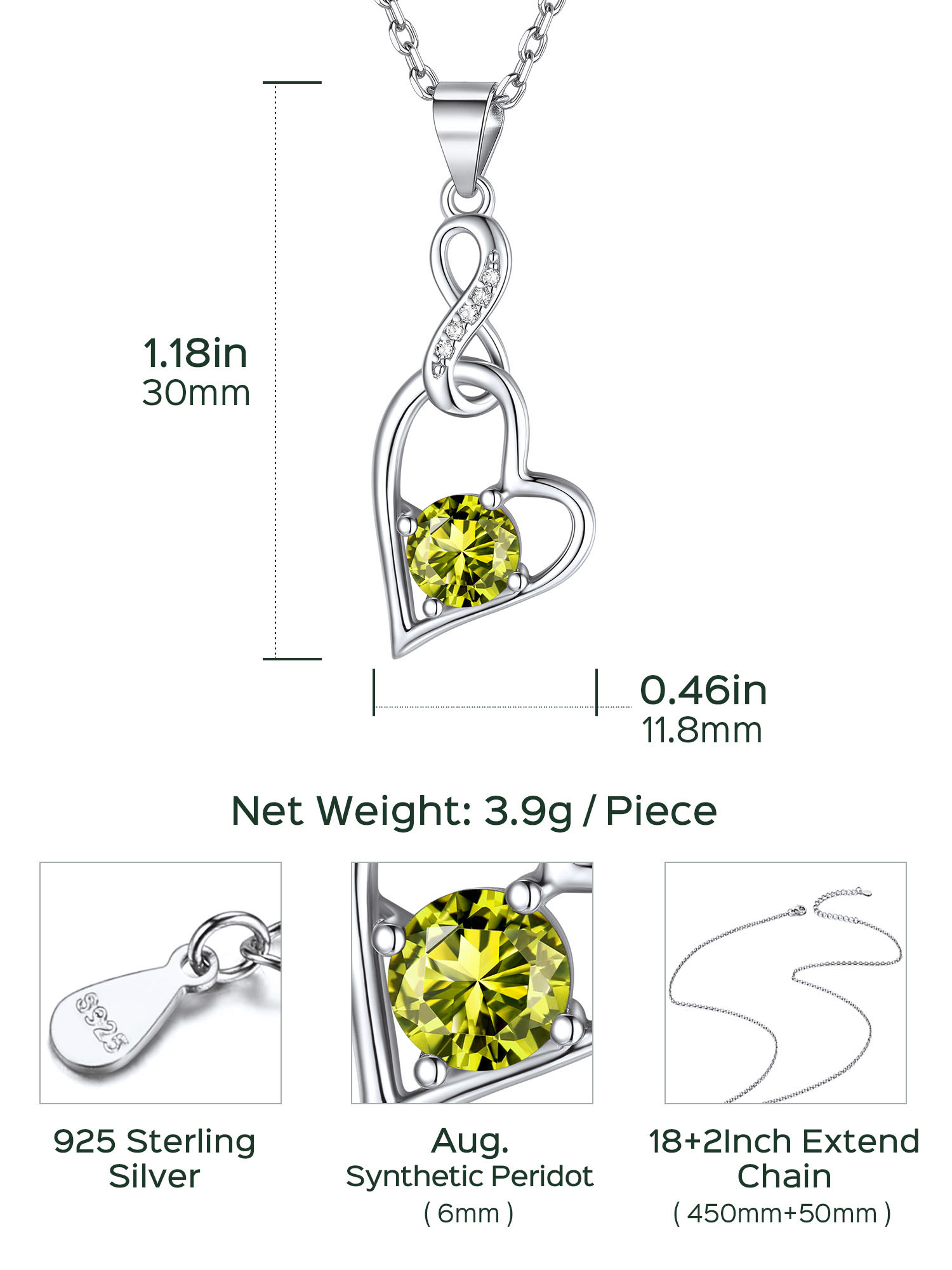 Sterling Silver Infinity Heart Birthstone Pendant Necklace For Women