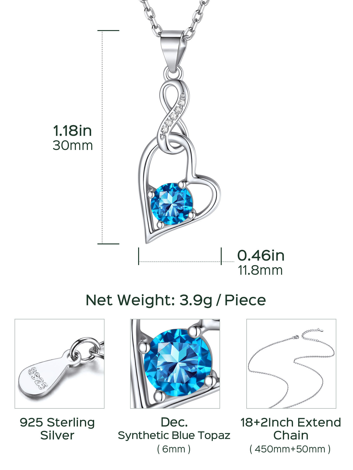 Sterling Silver Infinity Heart Birthstone Pendant Necklace For Women