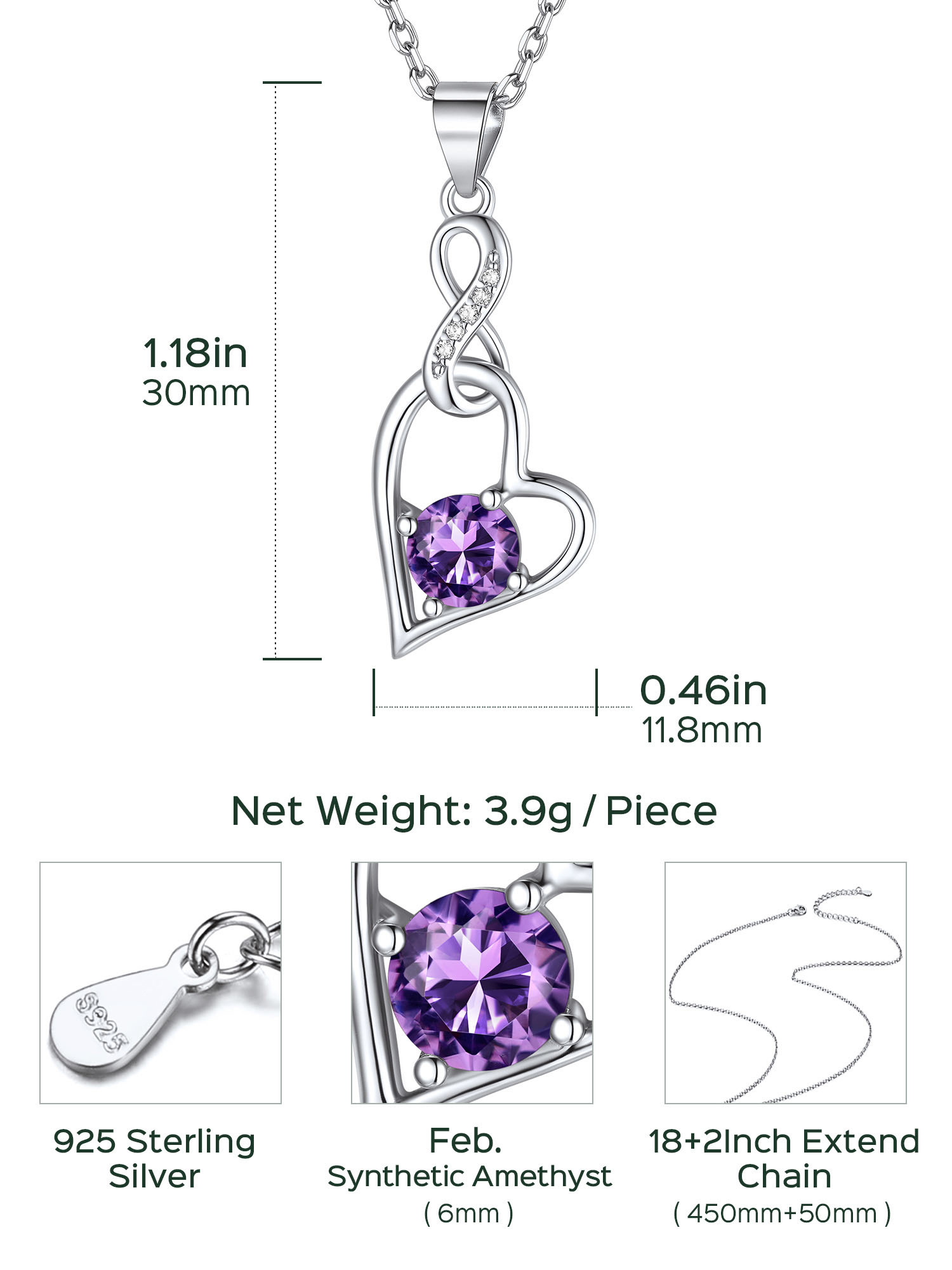 Sterling Silver Infinity Heart Birthstone Pendant Necklace For Women
