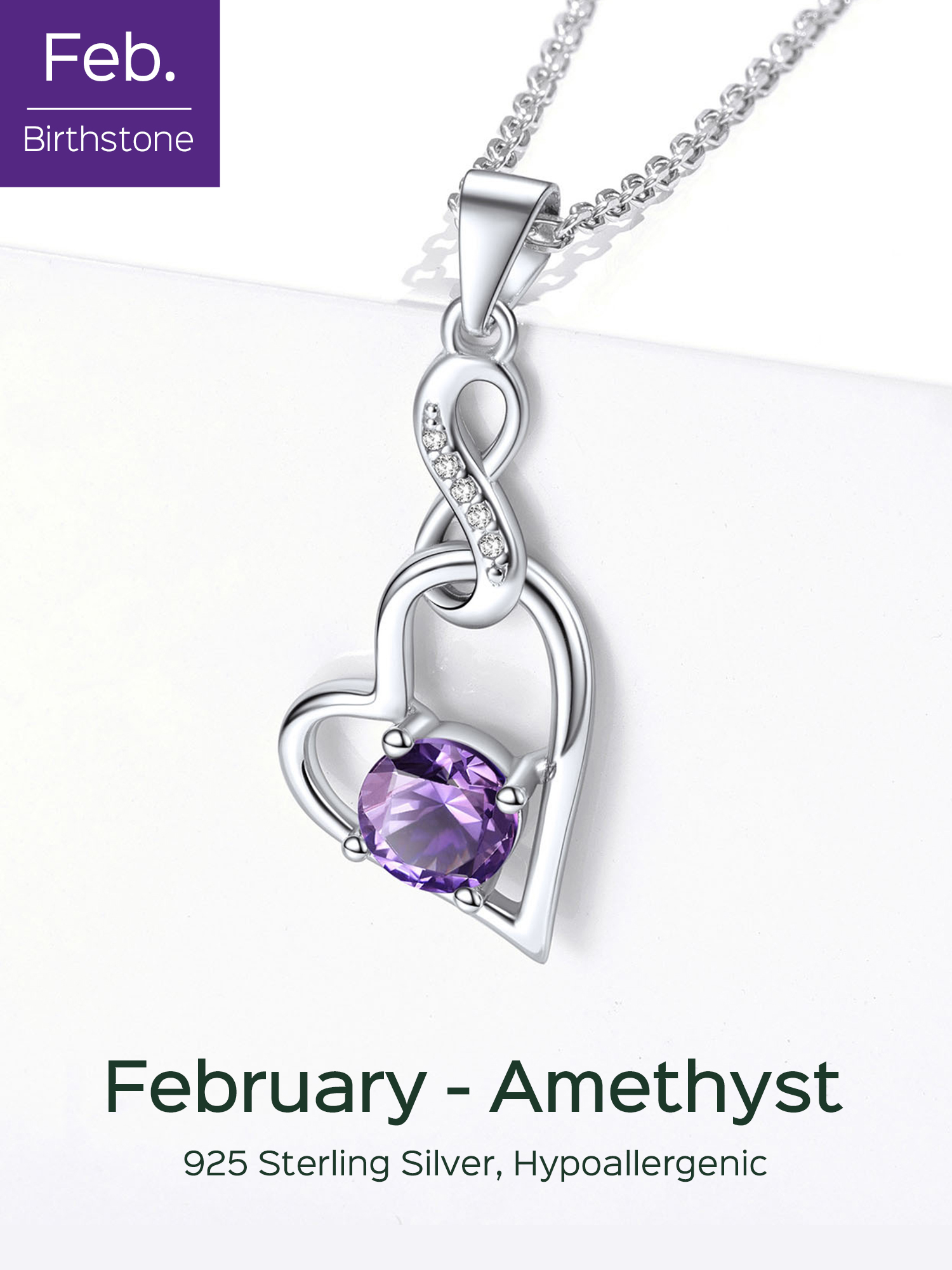 Sterling Silver Infinity Heart Birthstone Pendant Necklace For Women