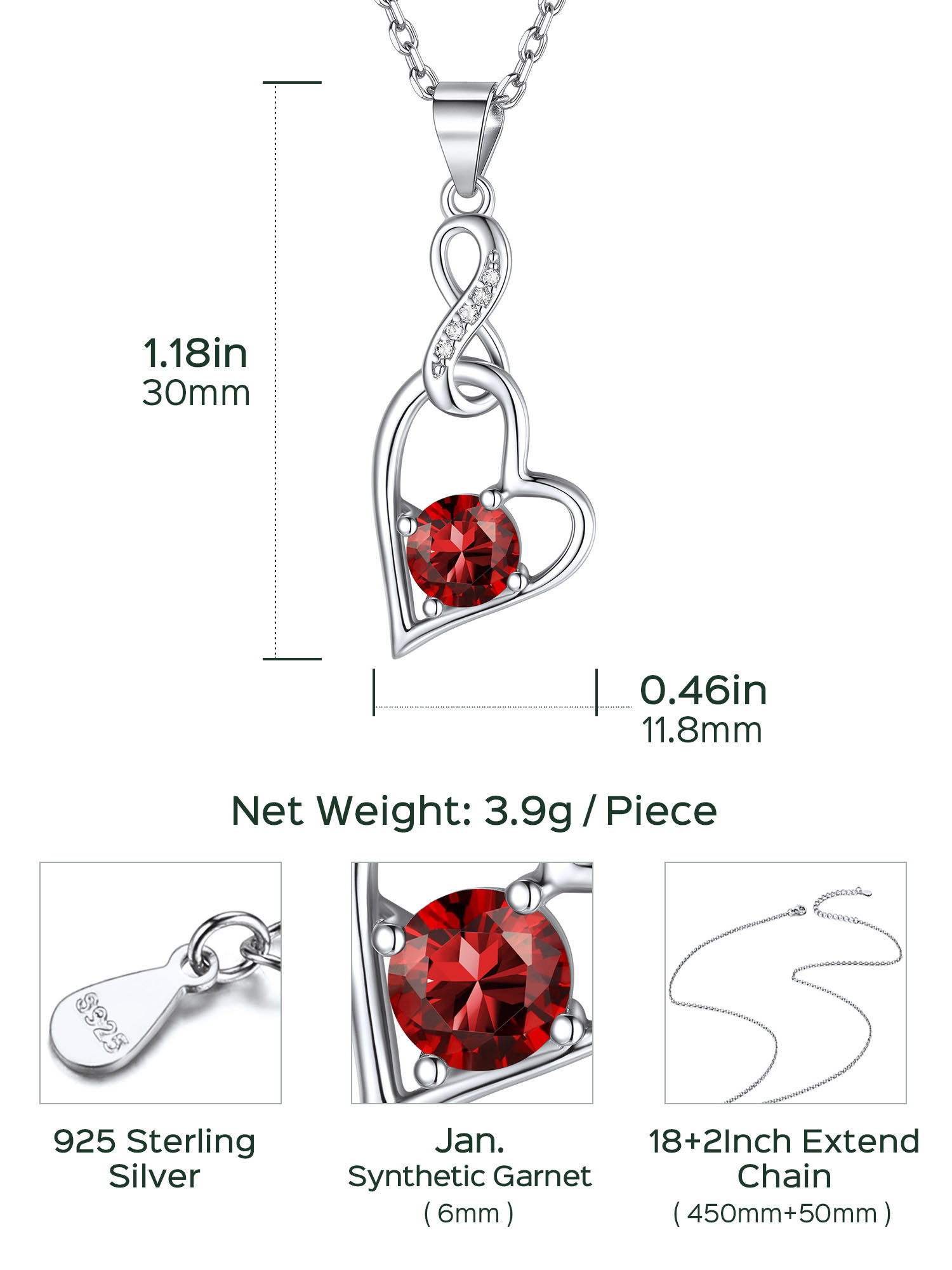 Sterling Silver Infinity Heart Birthstone Pendant Necklace For Women