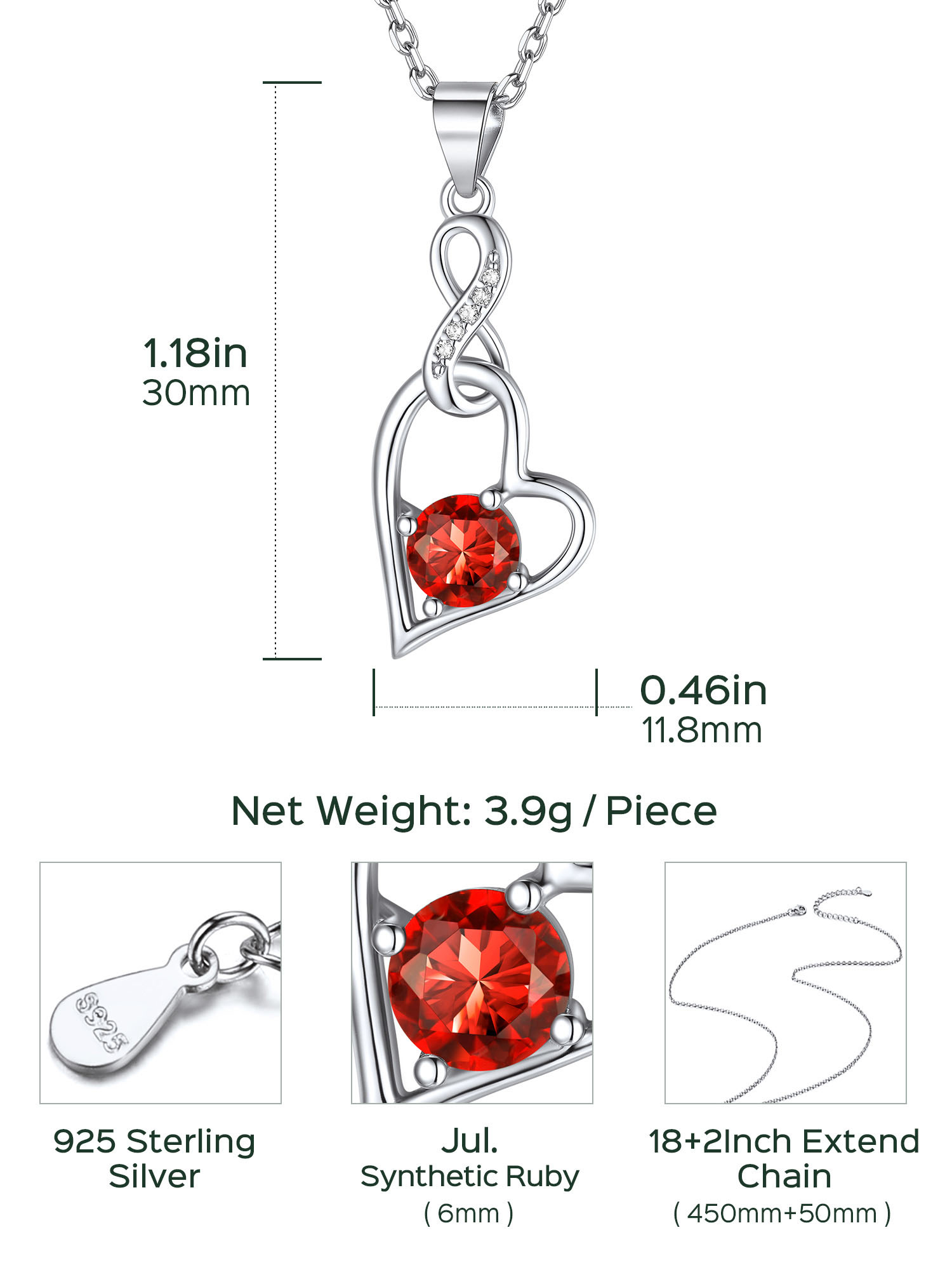 Sterling Silver Infinity Heart Birthstone Pendant Necklace For Women