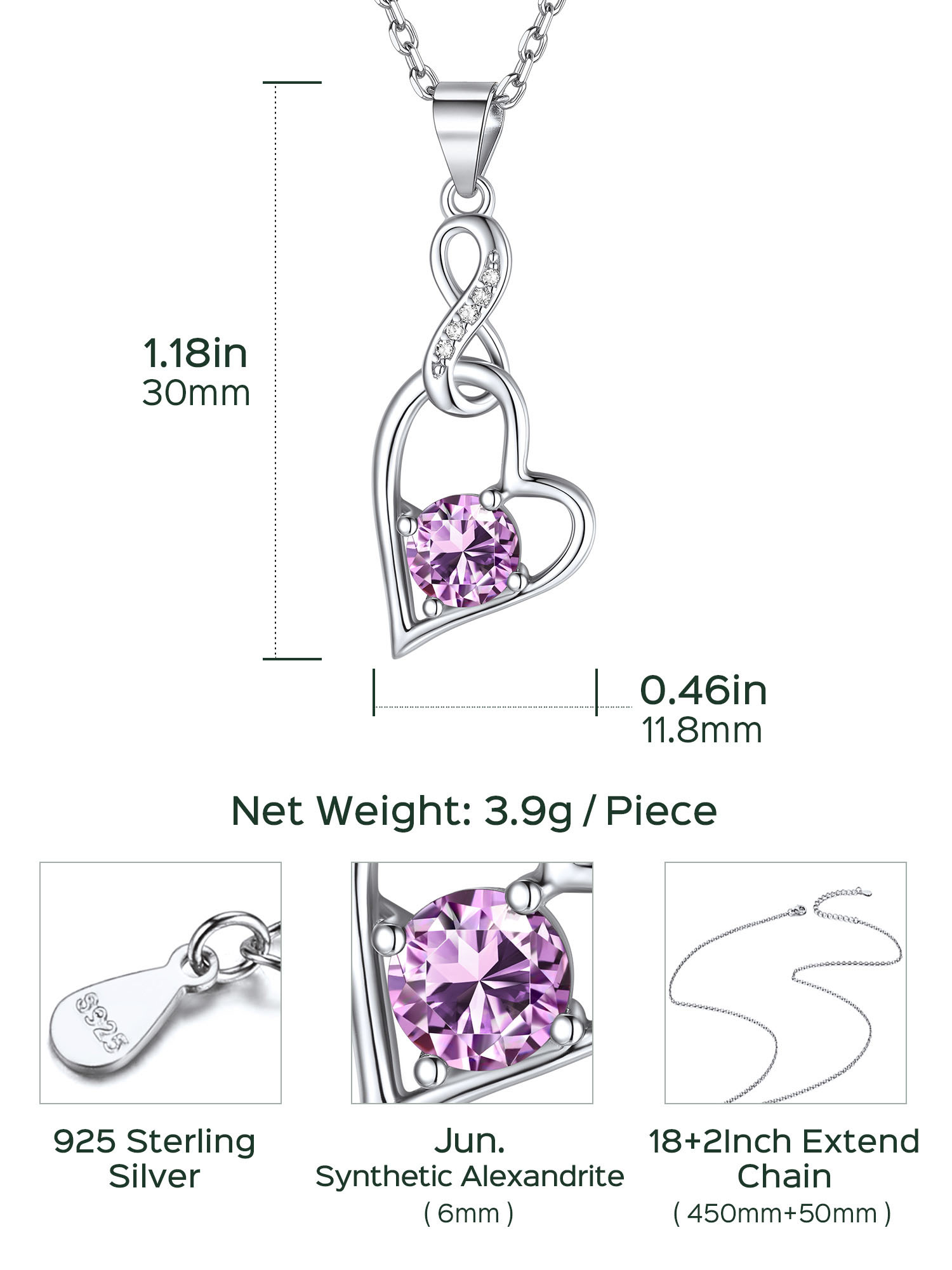 Sterling Silver Infinity Heart Birthstone Pendant Necklace For Women
