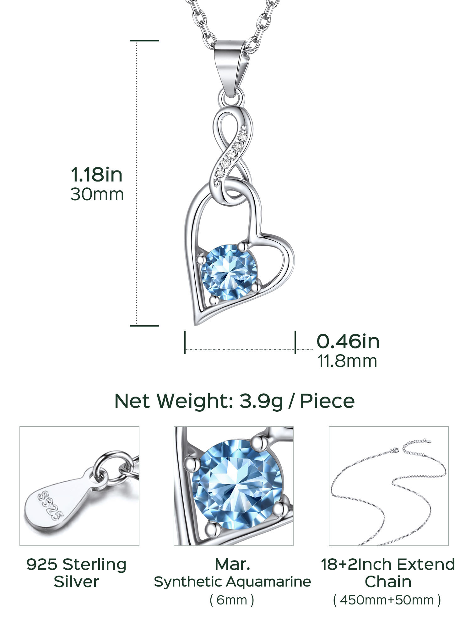 Sterling Silver Infinity Heart Birthstone Pendant Necklace For Women