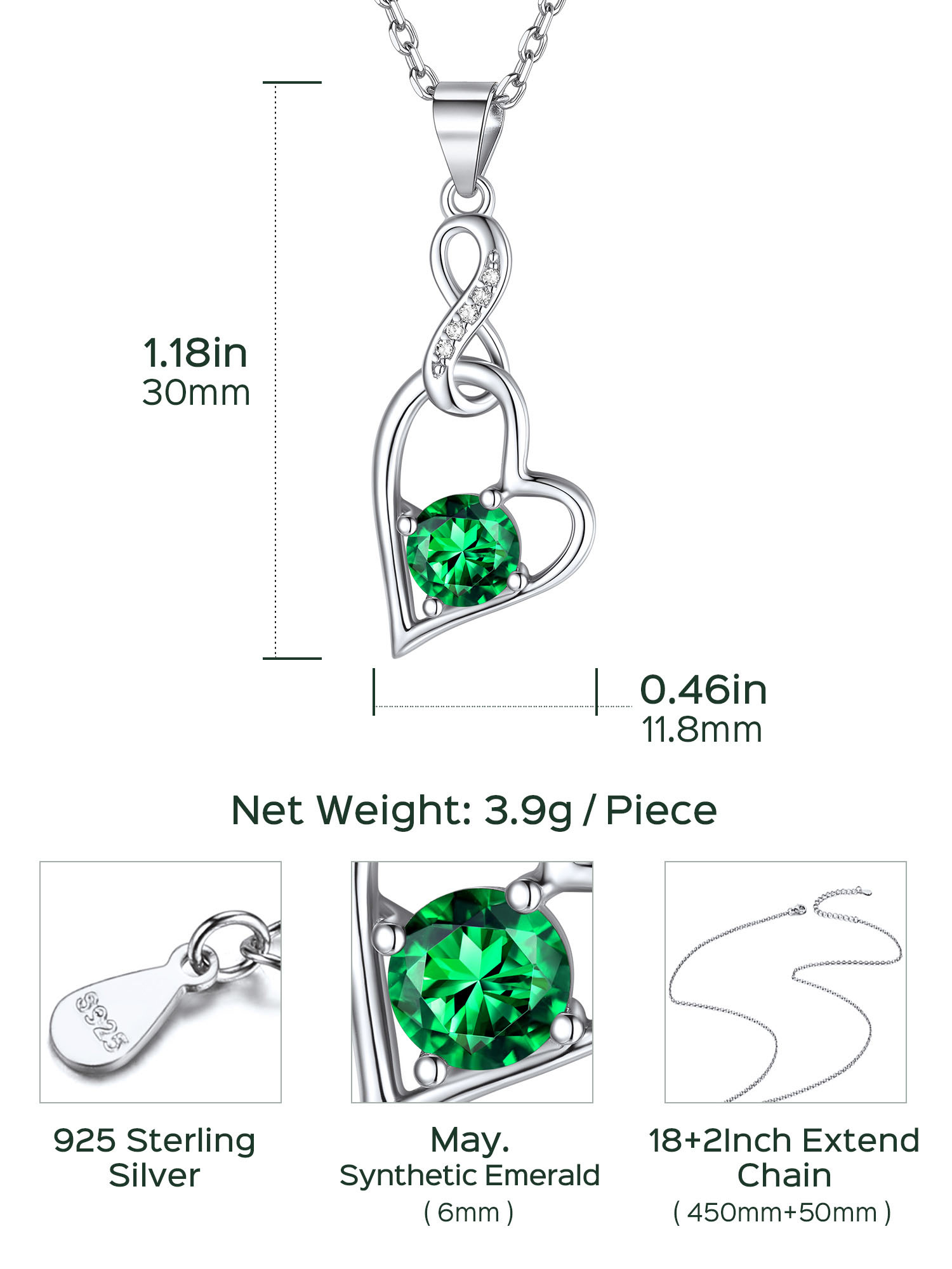 Sterling Silver Infinity Heart Birthstone Pendant Necklace For Women