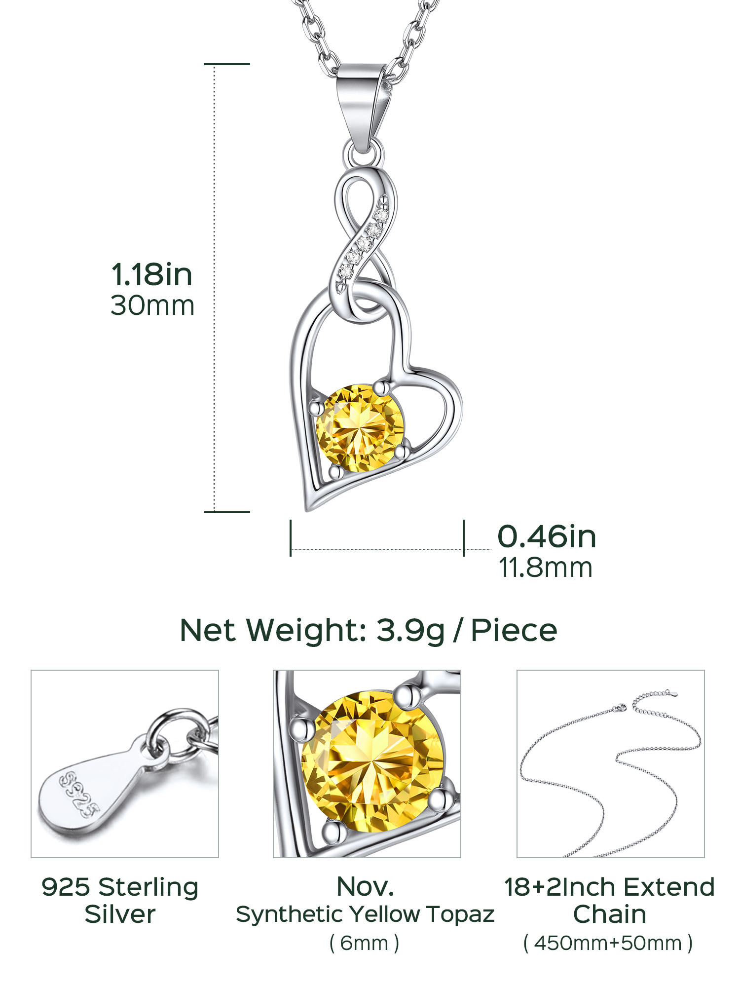Sterling Silver Infinity Heart Birthstone Pendant Necklace For Women