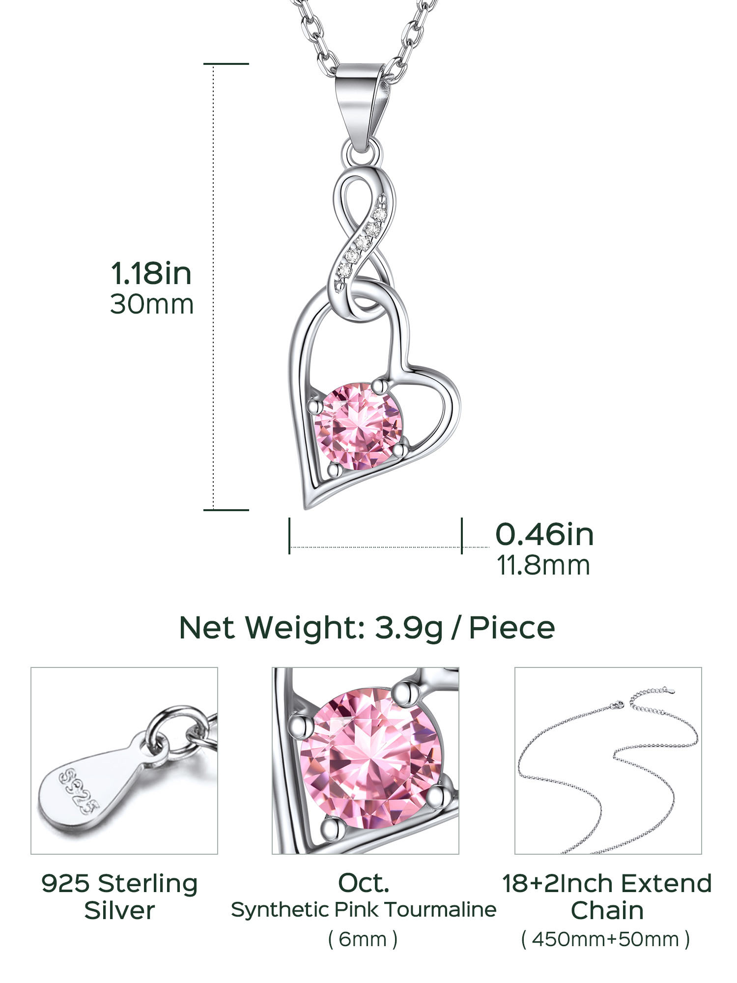 Sterling Silver Infinity Heart Birthstone Pendant Necklace For Women