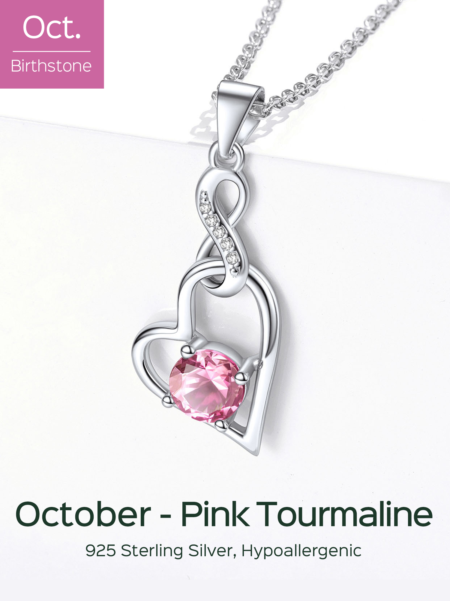 Sterling Silver Infinity Heart Birthstone Pendant Necklace For Women