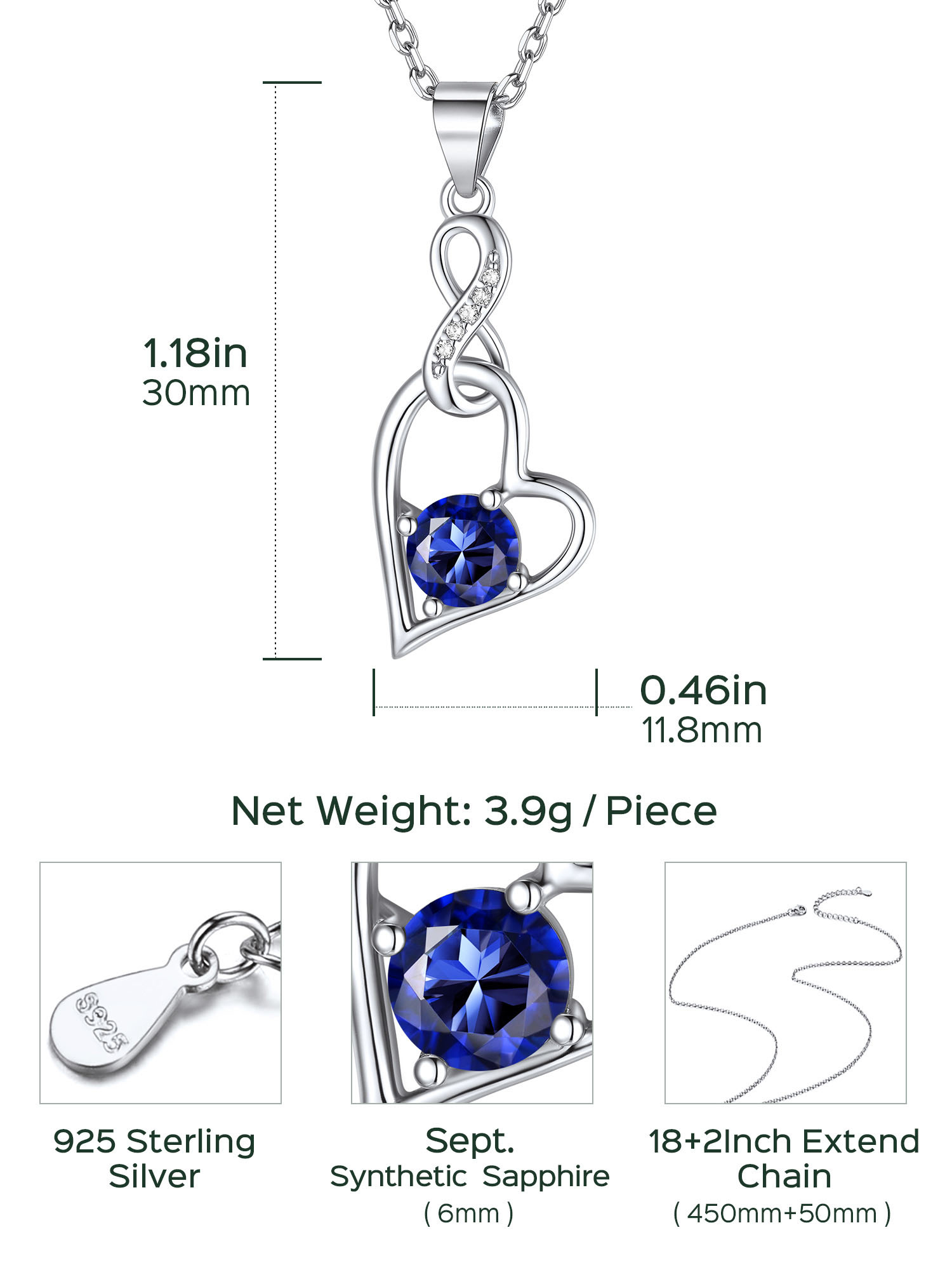 Sterling Silver Infinity Heart Birthstone Pendant Necklace For Women