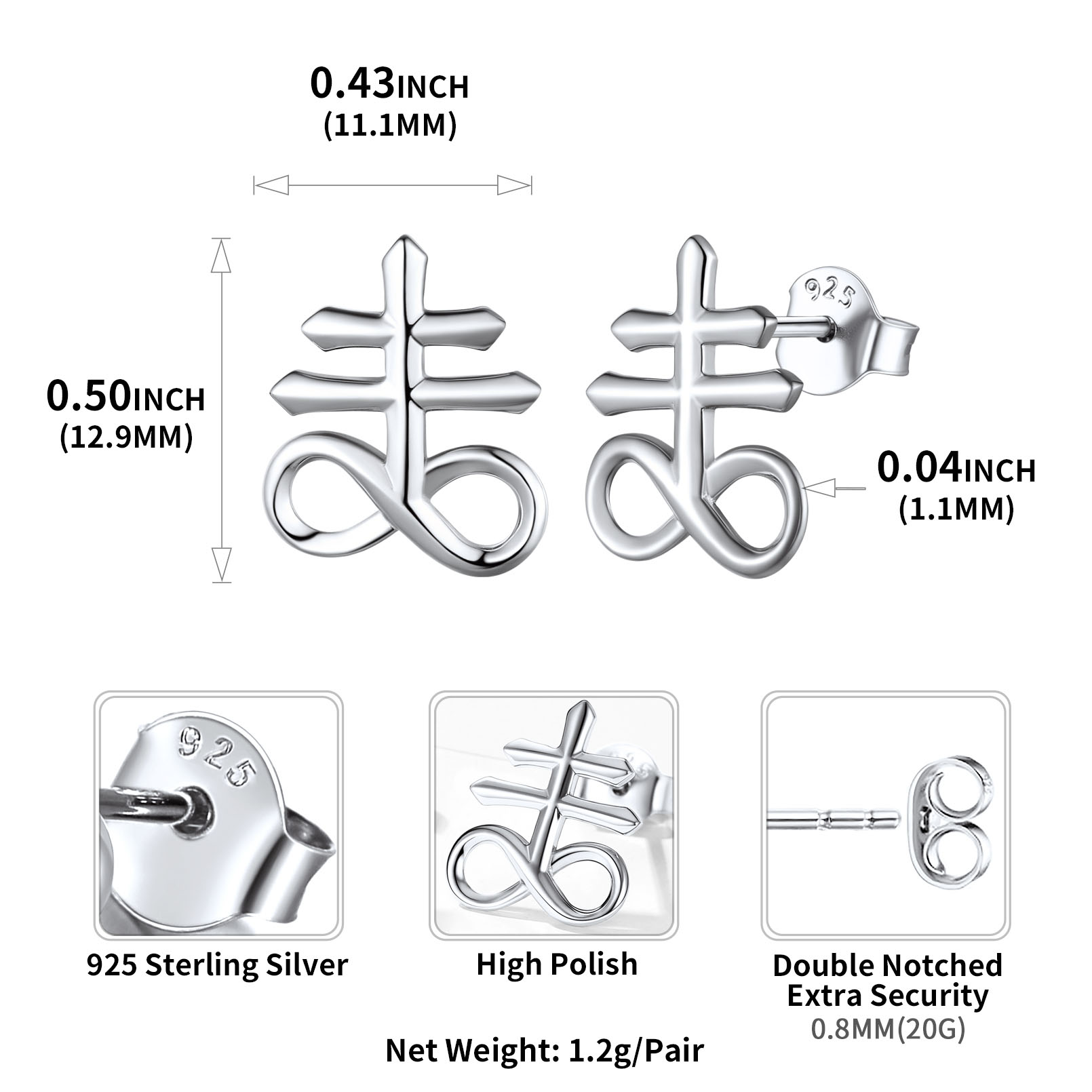 Sterling Silver Satan Leviathan Cross Stud Earrings Details Dimensions, Hypoallergenic, Push Back Finding