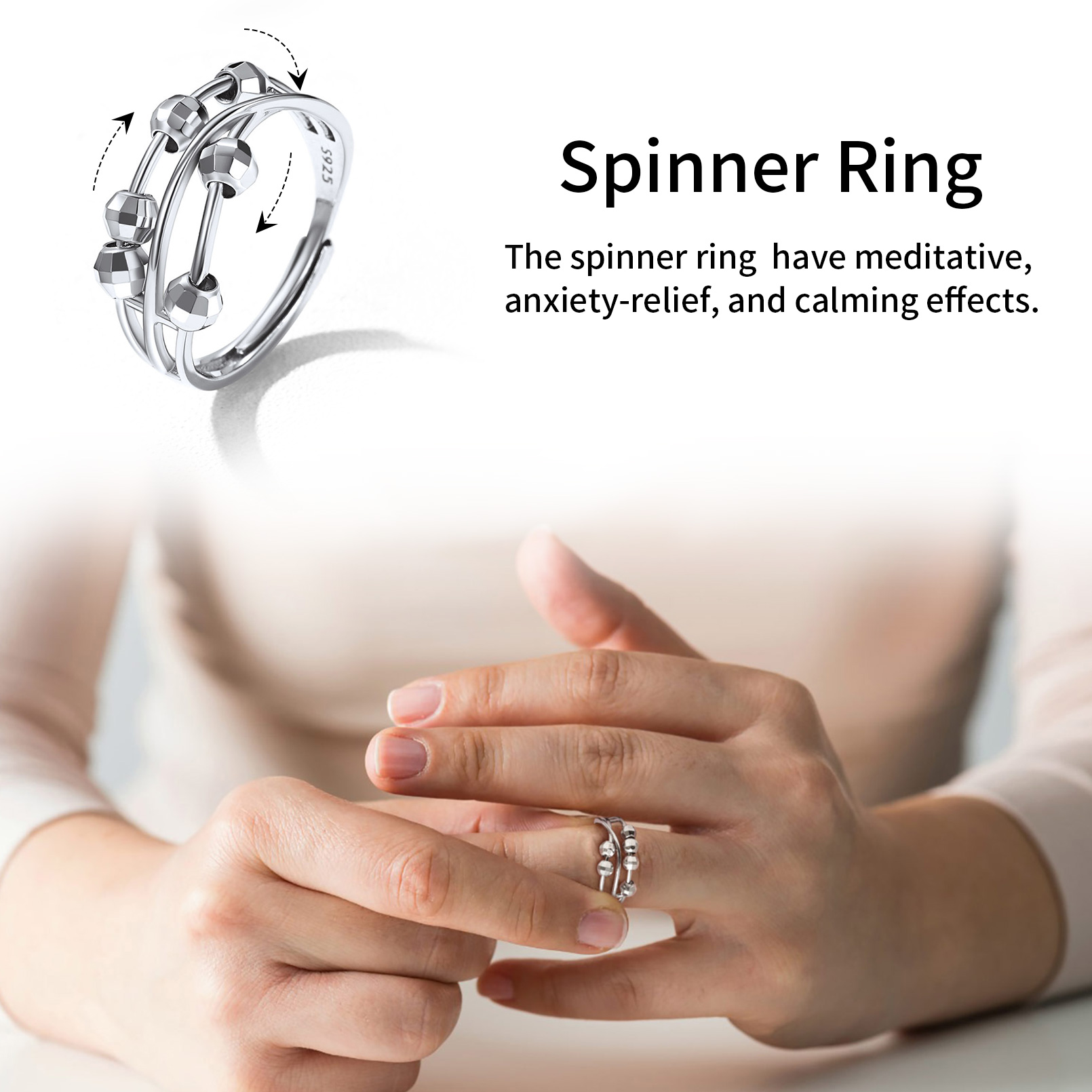 Sterling Silver Spinner Fidget Ring Anxiety Stress Relief  For Her