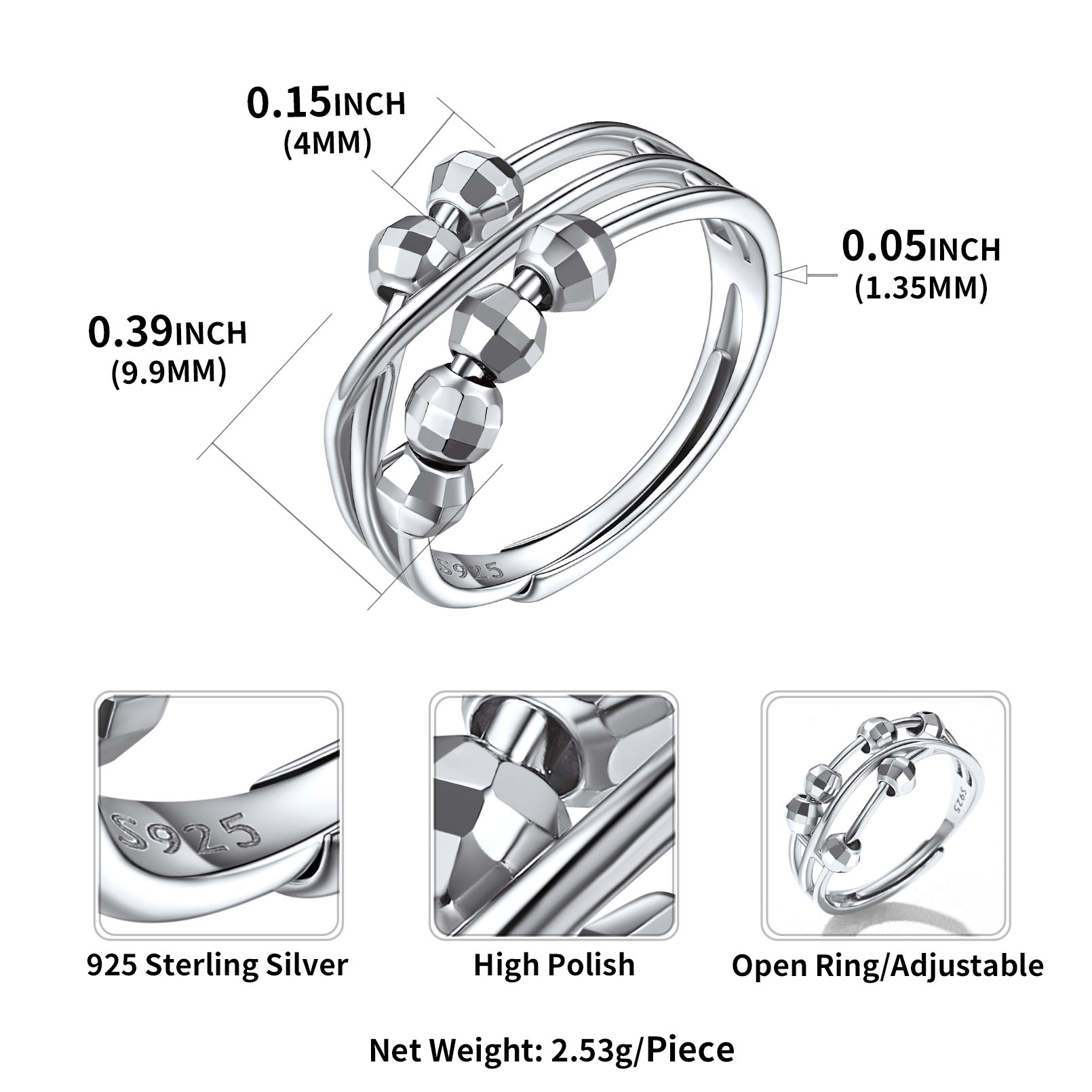 Sterling Silver Spinner Fidget Ring Anxiety Stress Relief  For Her