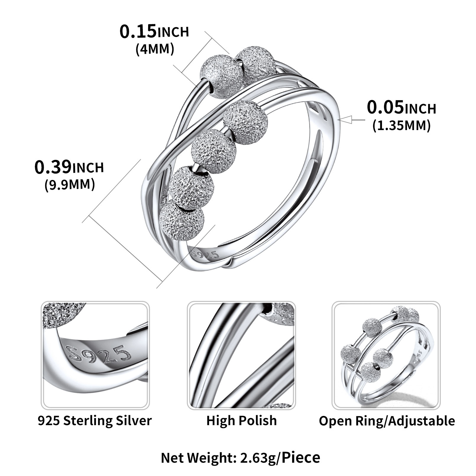 Sterling Silver Spinner Fidget Ring Anxiety Stress Relief  For Her