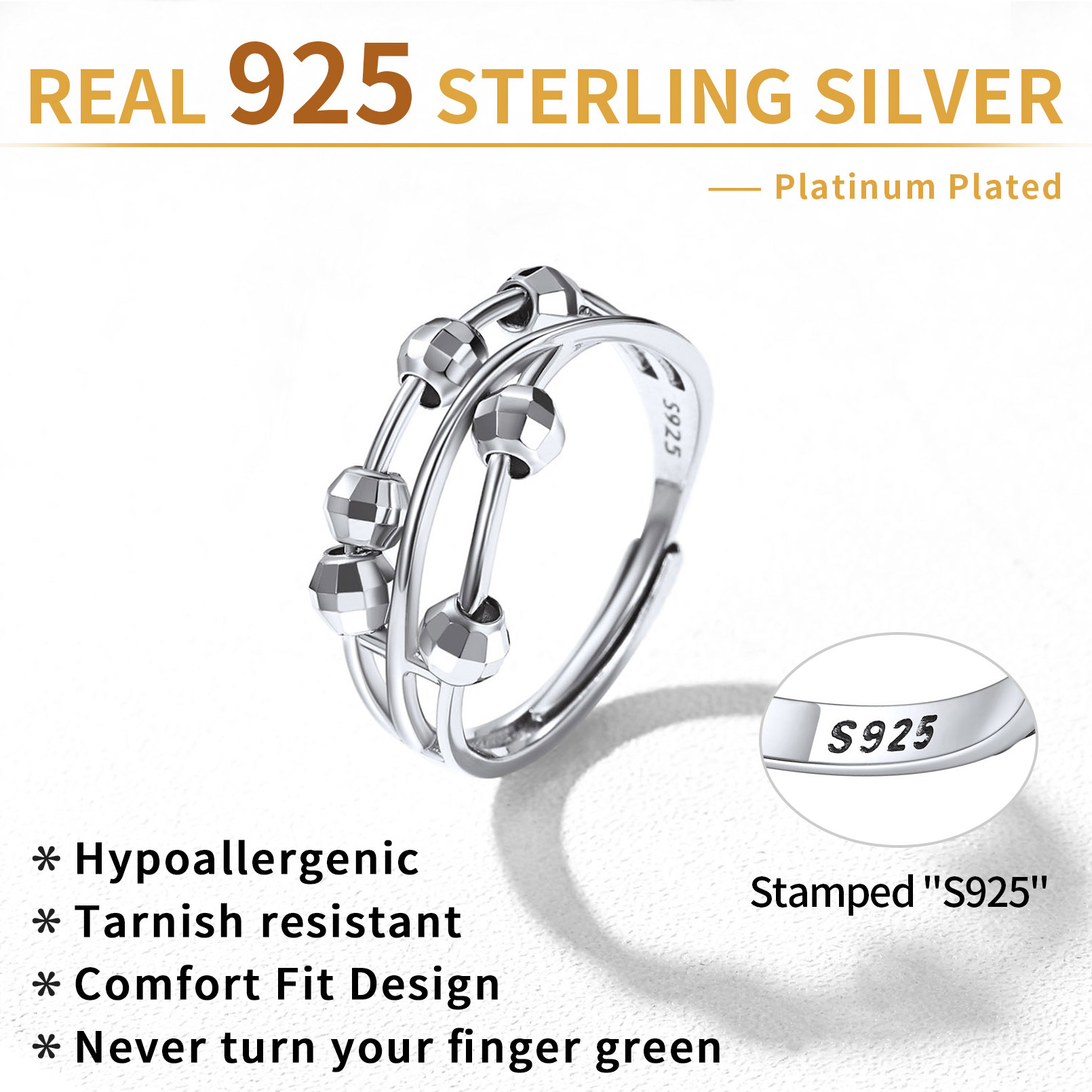 Sterling Silver Spinner Fidget Ring Anxiety Stress Relief  For Her