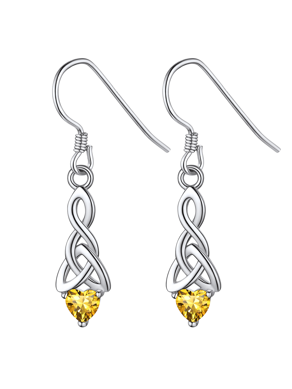 12 Months Sparkling Heart Birthstone & Celtic Knot Drop Dangle Hook Earrings, november birthstone, Citrine Jewelry, Scorpio Birthstone, Sagittarius Birthstone, sterling silver jewelry, gift idea