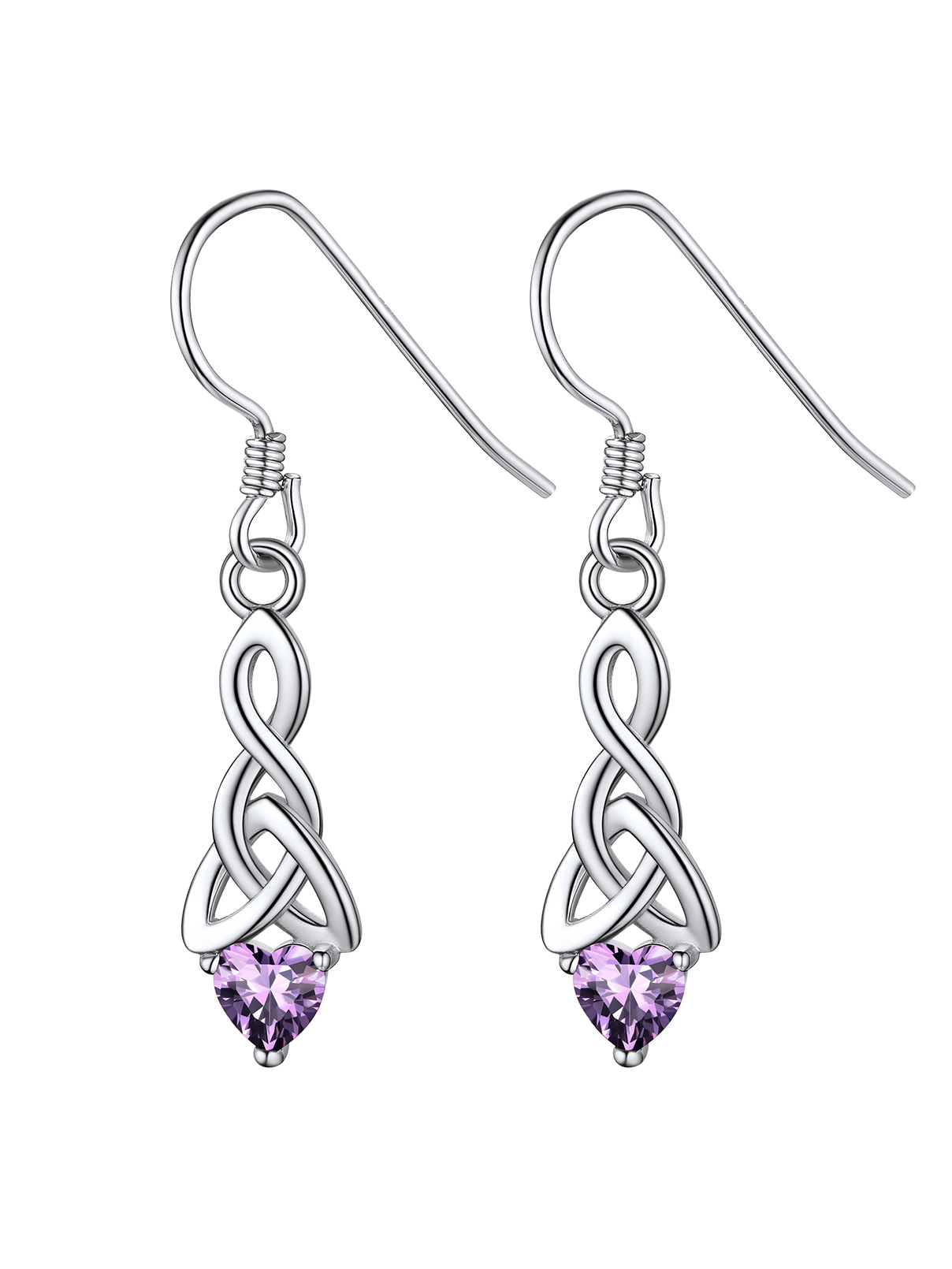 12 Months Sparkling Heart Birthstone & Celtic Knot Drop Dangle Hook Earrings, February birthstone, Amethyst Jewelry, Pisces Birthstone, Aquarius Birthstone, sterling silver jewelry, gift idea