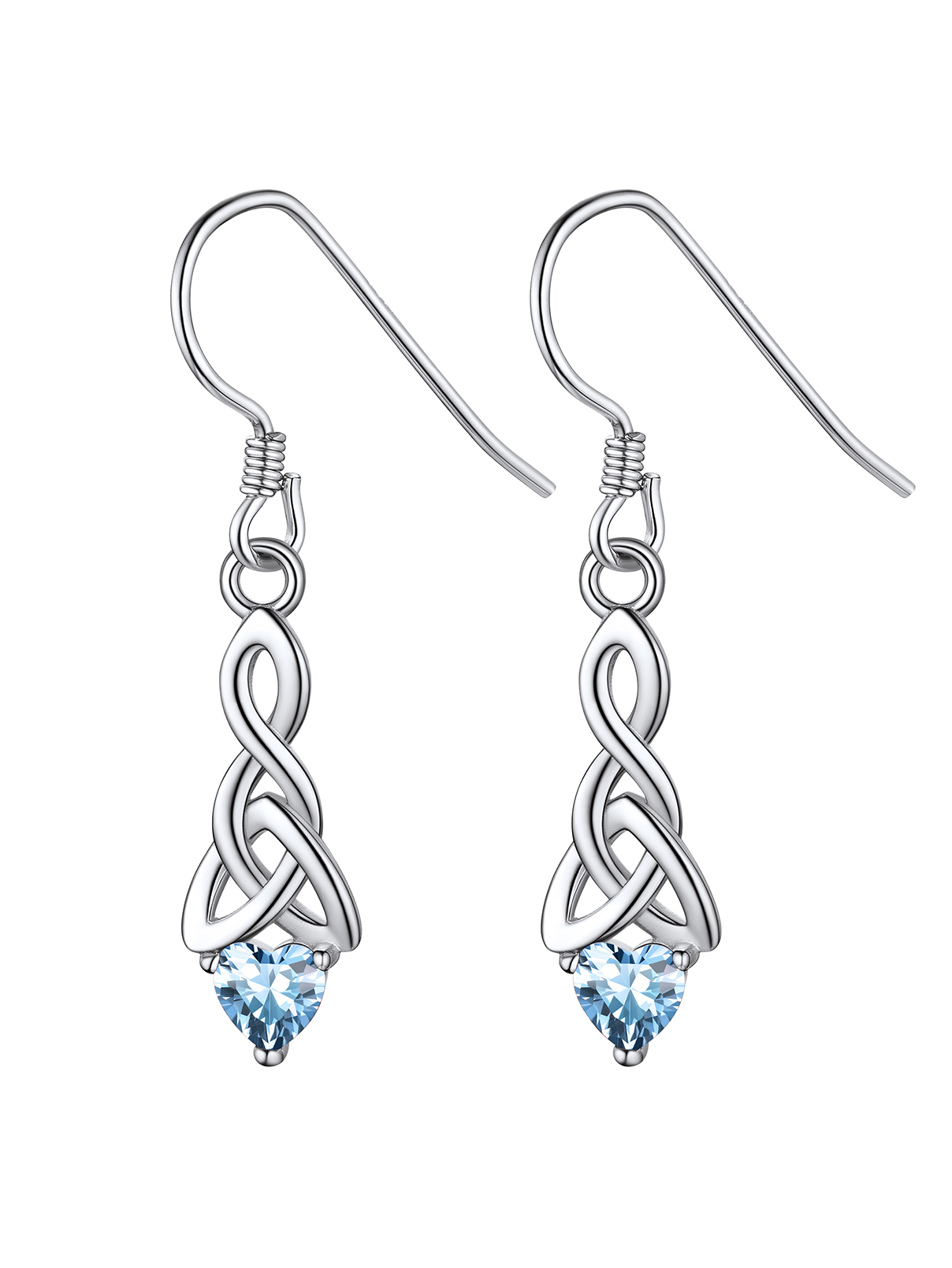 12 Months Sparkling Heart Birthstone & Celtic Knot Drop Dangle Hook Earrings, march birthstone, Aquamarine Pendant, Pisces Birthstone, Aries Birthstone, sterling silver jewelry, gift idea