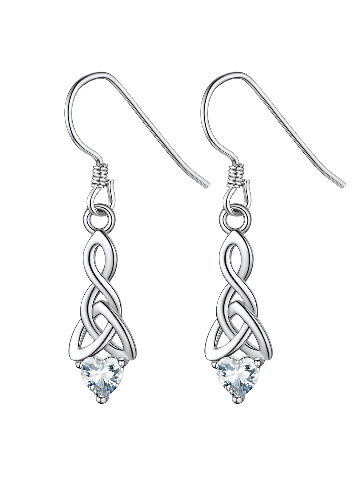 12 Months Sparkling Heart Birthstone & Celtic Knot Drop Dangle Hook Earrings, april birthstone, Diamond Jewelry, Aries Birthstone, Taurus Birthstone, sterling silver jewelry, gift idea