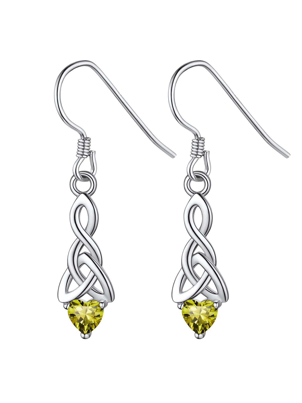 12 Months Sparkling Heart Birthstone & Celtic Knot Drop Dangle Hook Earrings, august birthstone, Peridot Necklace, Leo Birthstone, Virgo Birthstone,  sterling silver jewelry, gift idea