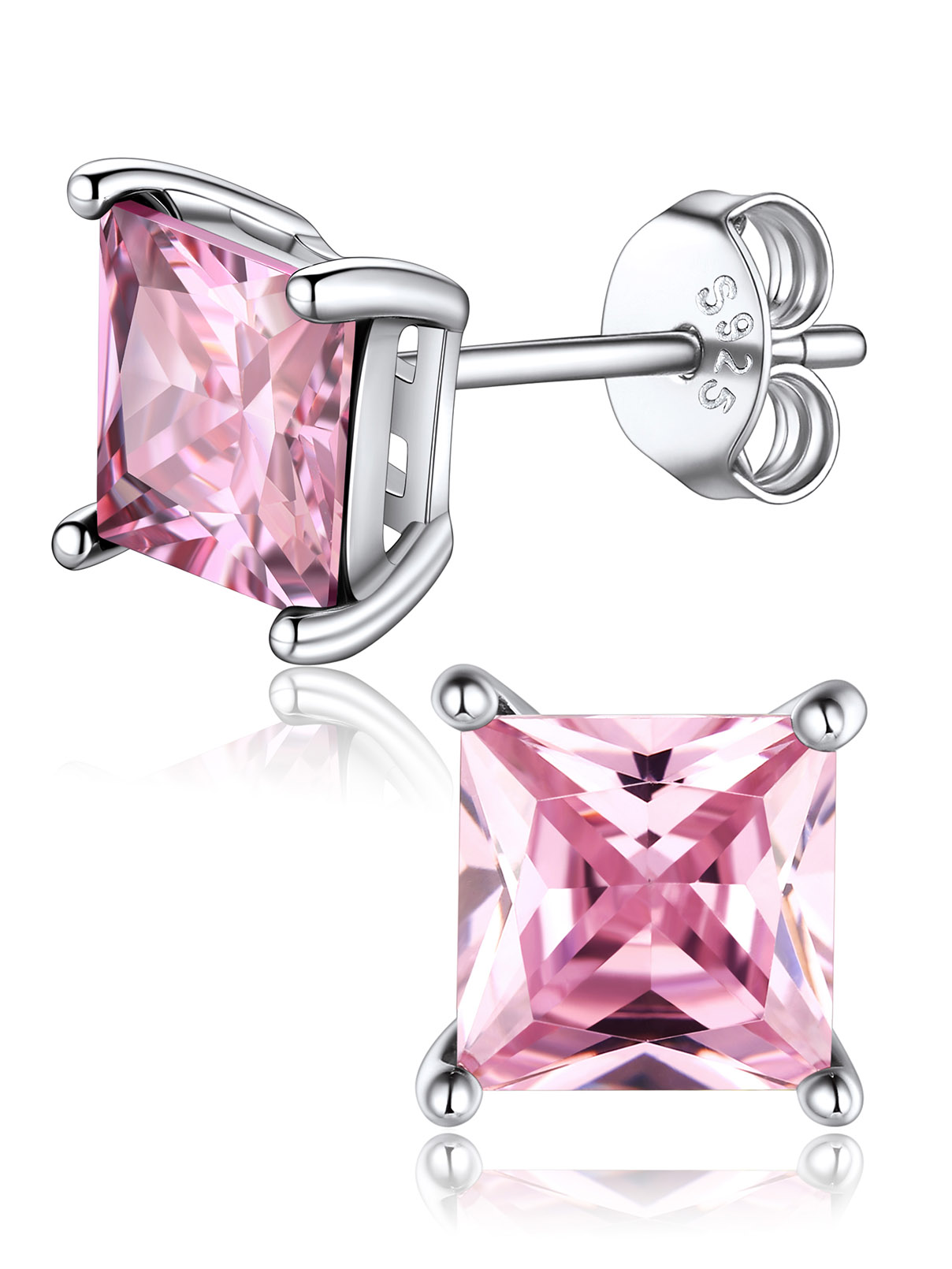 Princess Cut Birthstone Halo Stud Earrings for women, october birthstone, Pink Tourmaline Earrings, Libra Birthstone, Scorpio Birthstone, sterling silver Earrings, gift idea