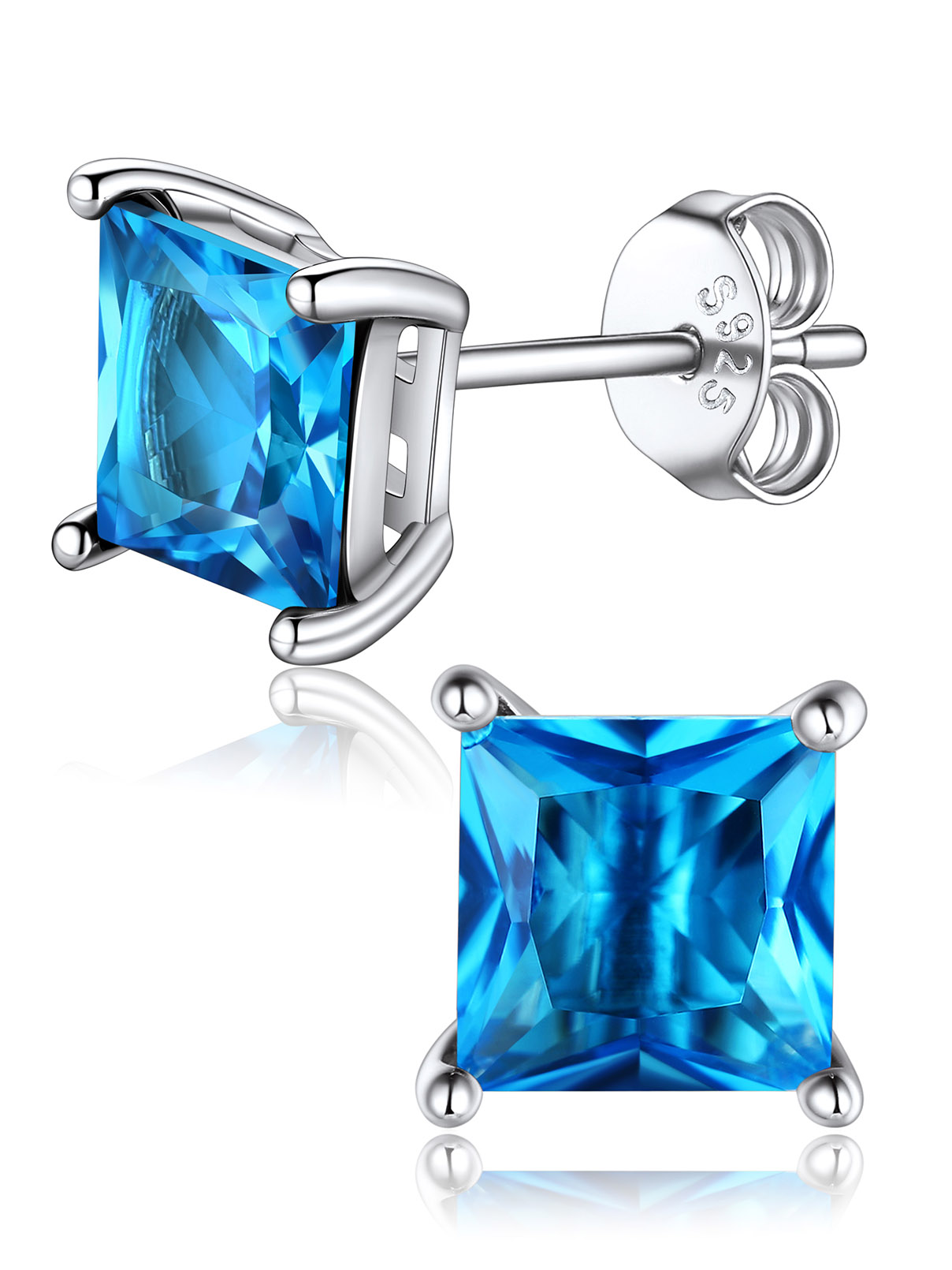 Princess Cut Birthstone Halo Stud Earrings for women, december birthstone, Blue Topaz Jewelry, Sagittarius Birthstone,  topaz birthstone, Capricorn Birthstone, christmas gift, gift idea