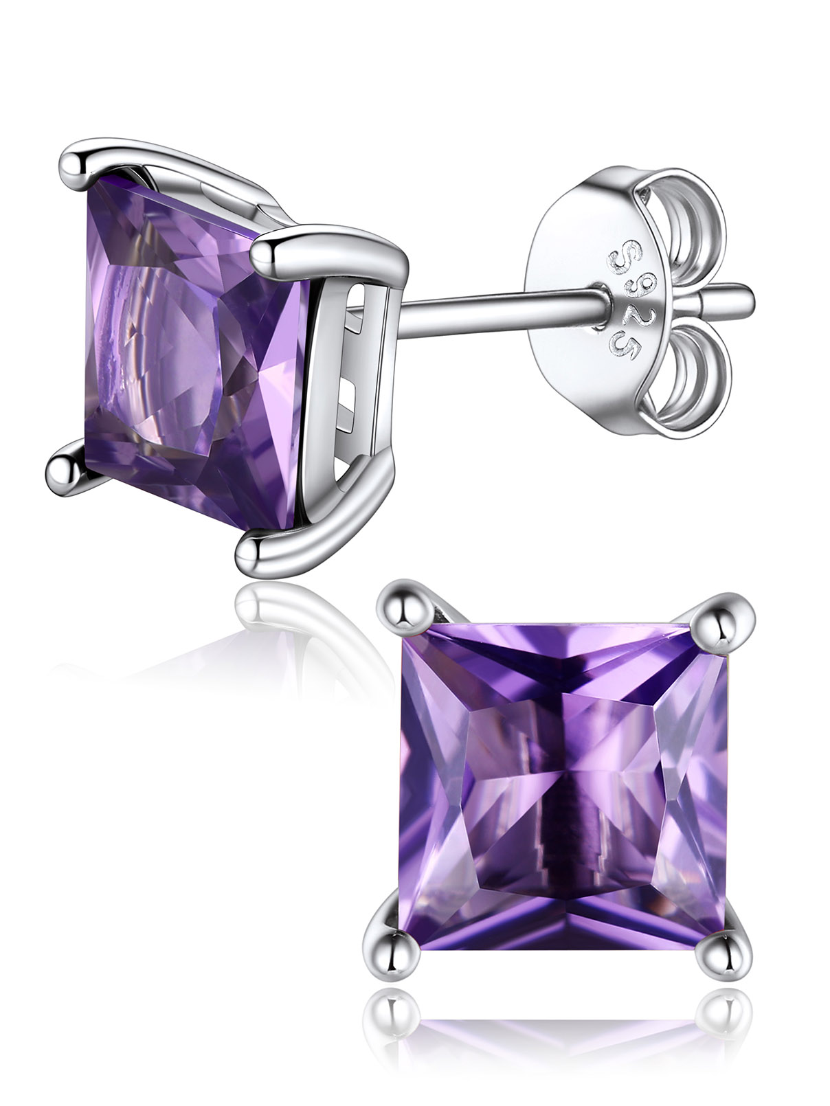 Princess Cut Birthstone Halo Stud Earrings for women, February birthstone, Amethyst Jewelry, Pisces Birthstone, Aquarius Birthstone, sterling silver Earrings, gift idea