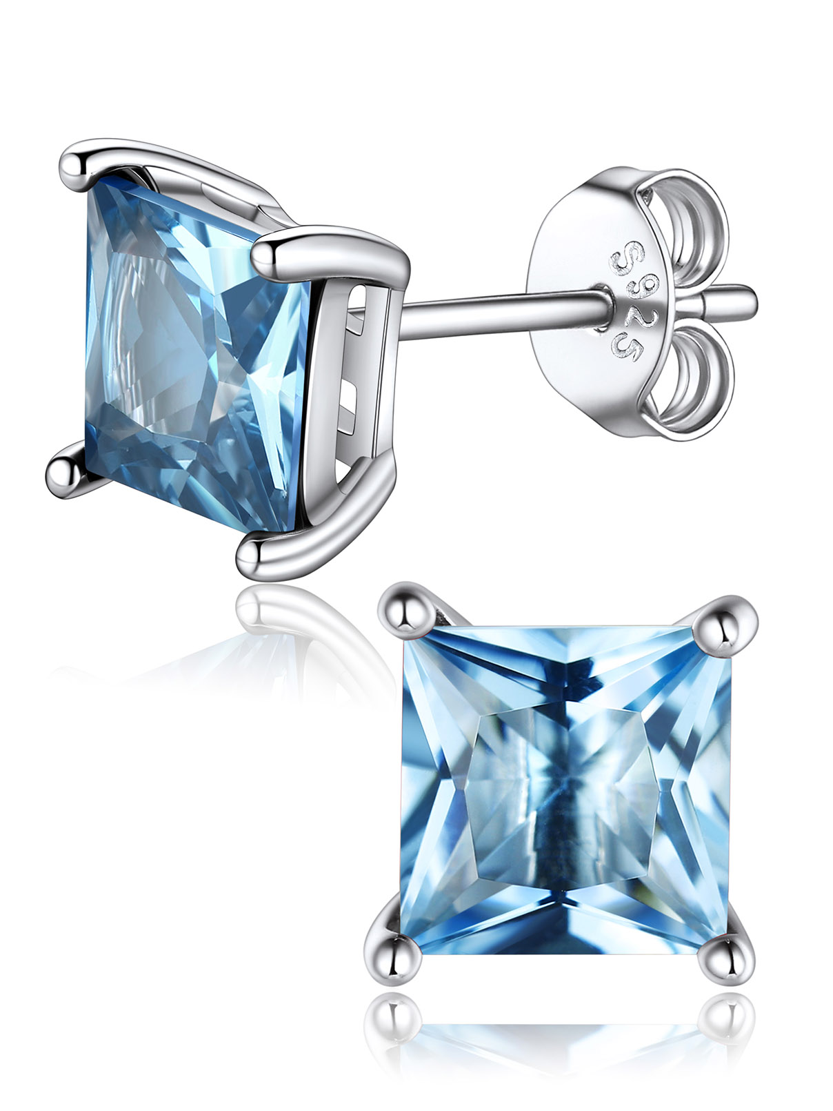 Princess Cut Birthstone Halo Stud Earrings for women, march birthstone, Aquamarine Earrings, Pisces Birthstone, Aries Birthstone, sterling silver jewelry, gift idea