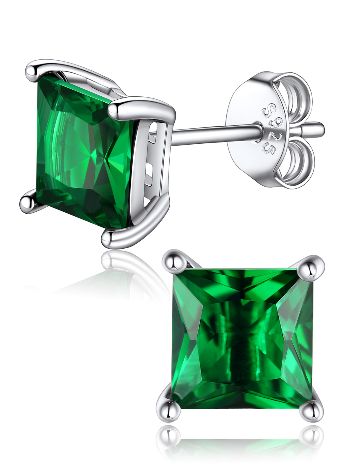 Princess Cut Birthstone Halo Stud Earrings for women, may birthstone, Emerald Earrings, Taurus Birthstone, Gemini Birthstone, sterling silver earrings, gift idea