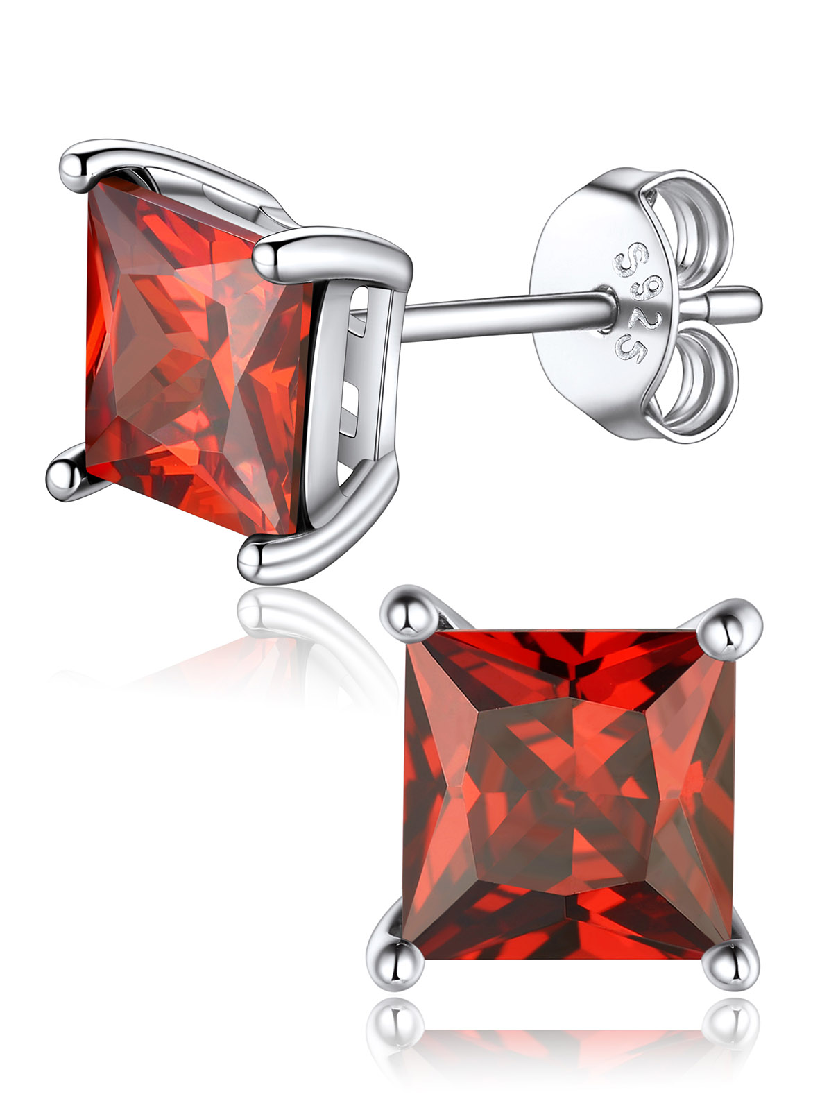 Princess Cut Birthstone Halo Stud Earrings for women,  july birthstone, Ruby Earrings, Cancer Birthstone, Leo Birthstone, sterling silver jewelry, gift idea