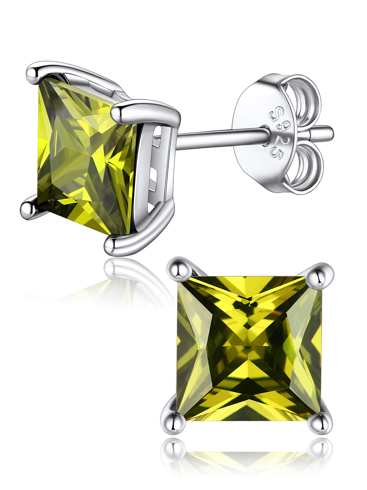 Princess Cut Birthstone Halo Stud Earrings for women, august birthstone, Peridot Earrings, Leo Birthstone, Virgo Birthstone, sterling silver jewlery, gift idea