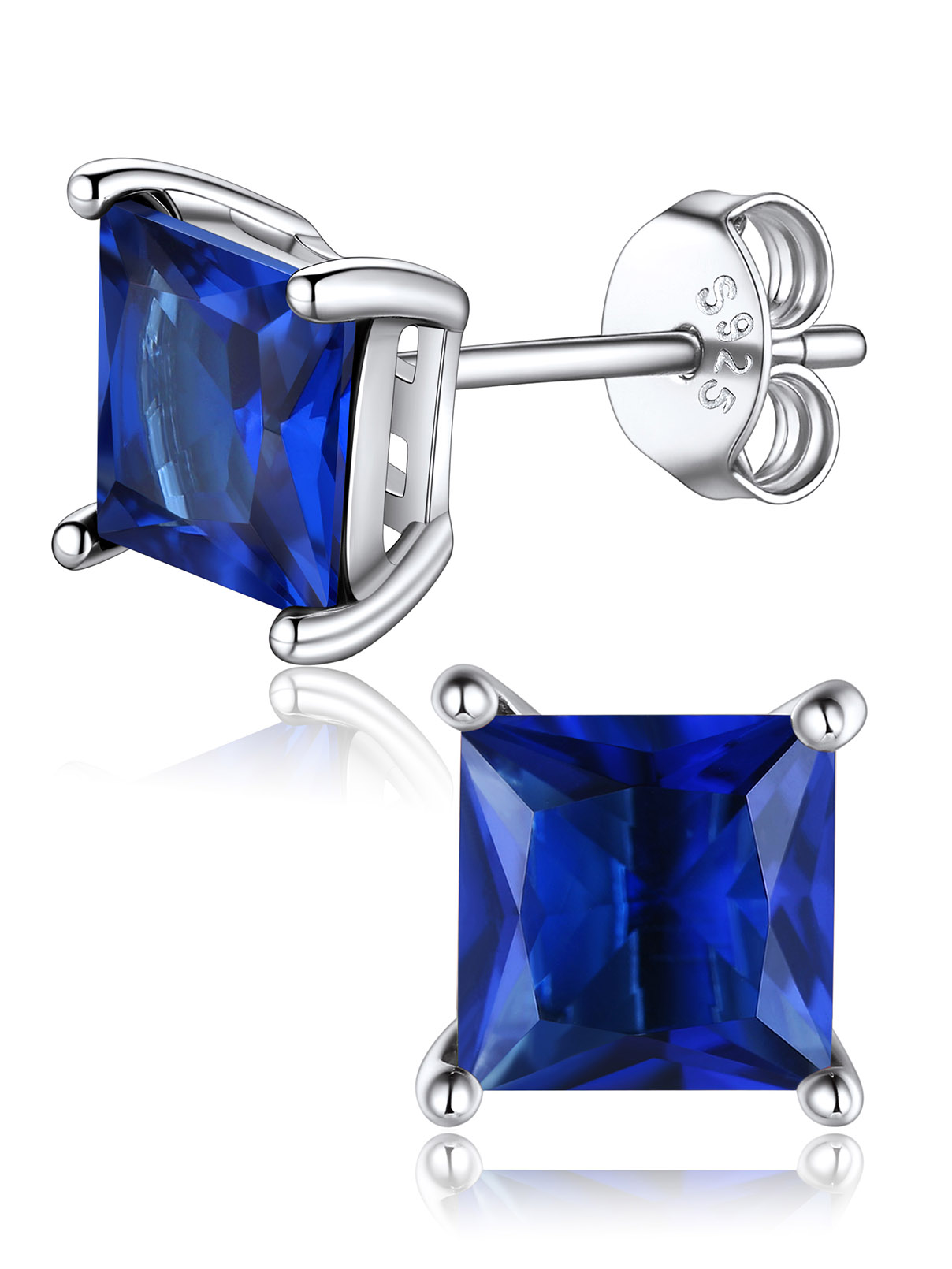 Princess Cut Birthstone Halo Stud Earrings for women, september birthstone, Sapphire Jewelry, Virgo Birthstone, Libra Birthstone, sterling silver jewlery, gift idea