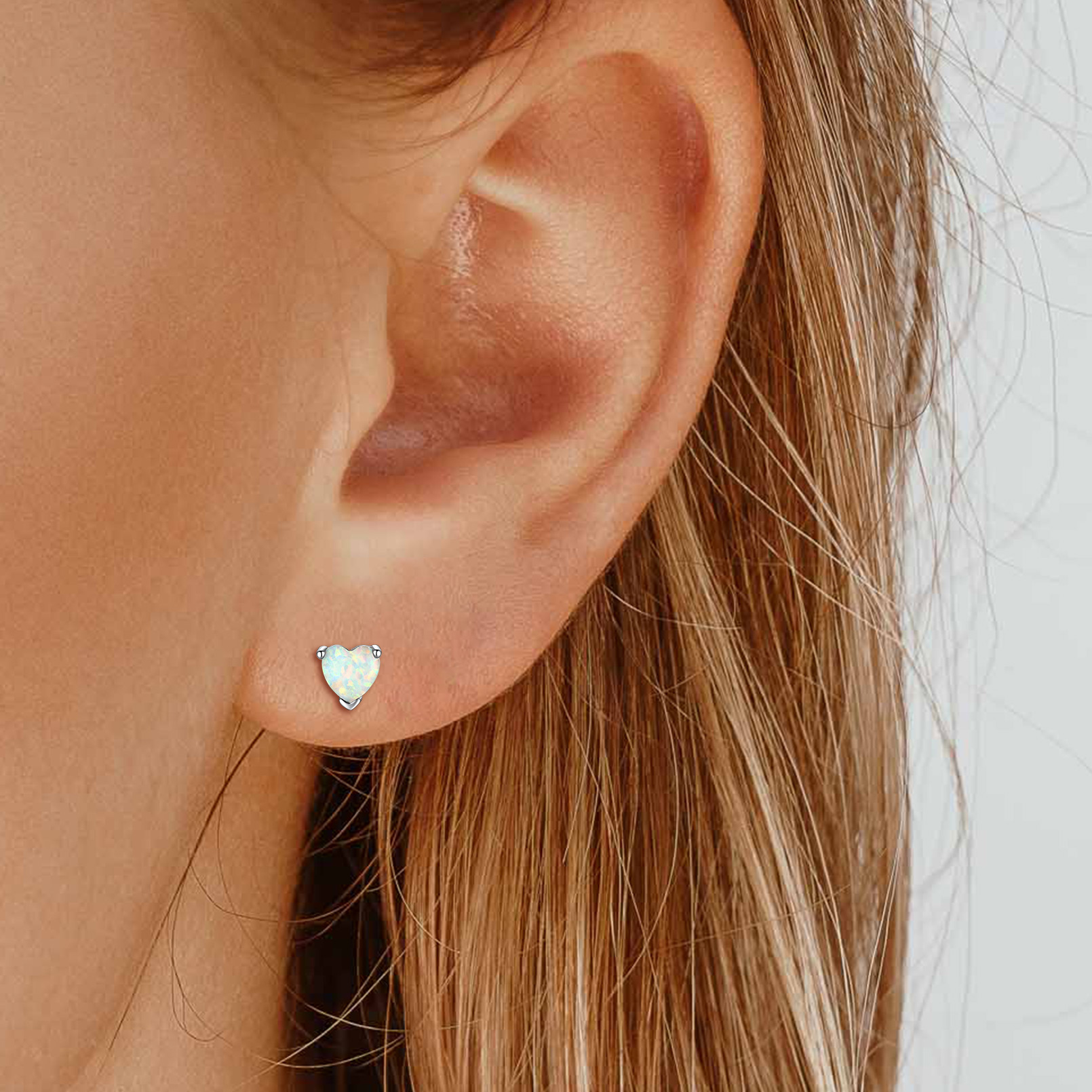 Sterling Silver Heart Opal Stud Earrings for Her
