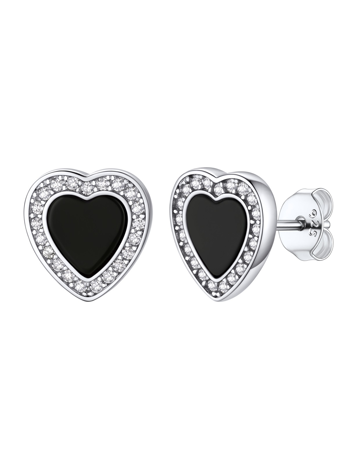 Cubic Zirconia Black Onyx Heart Stud Earrings
