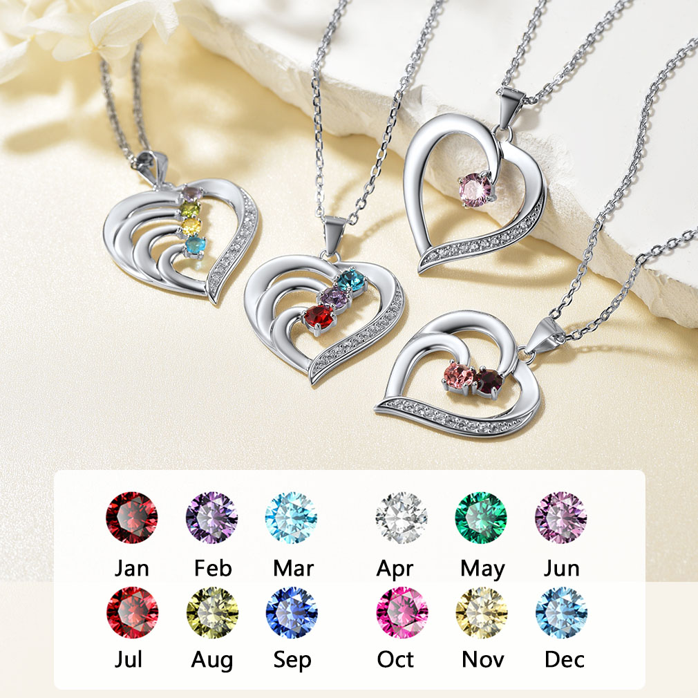 Personalized Heart Birthstone Pendant Necklace with Engraved Name  in Different Month Colors & Different  Number Birthstone