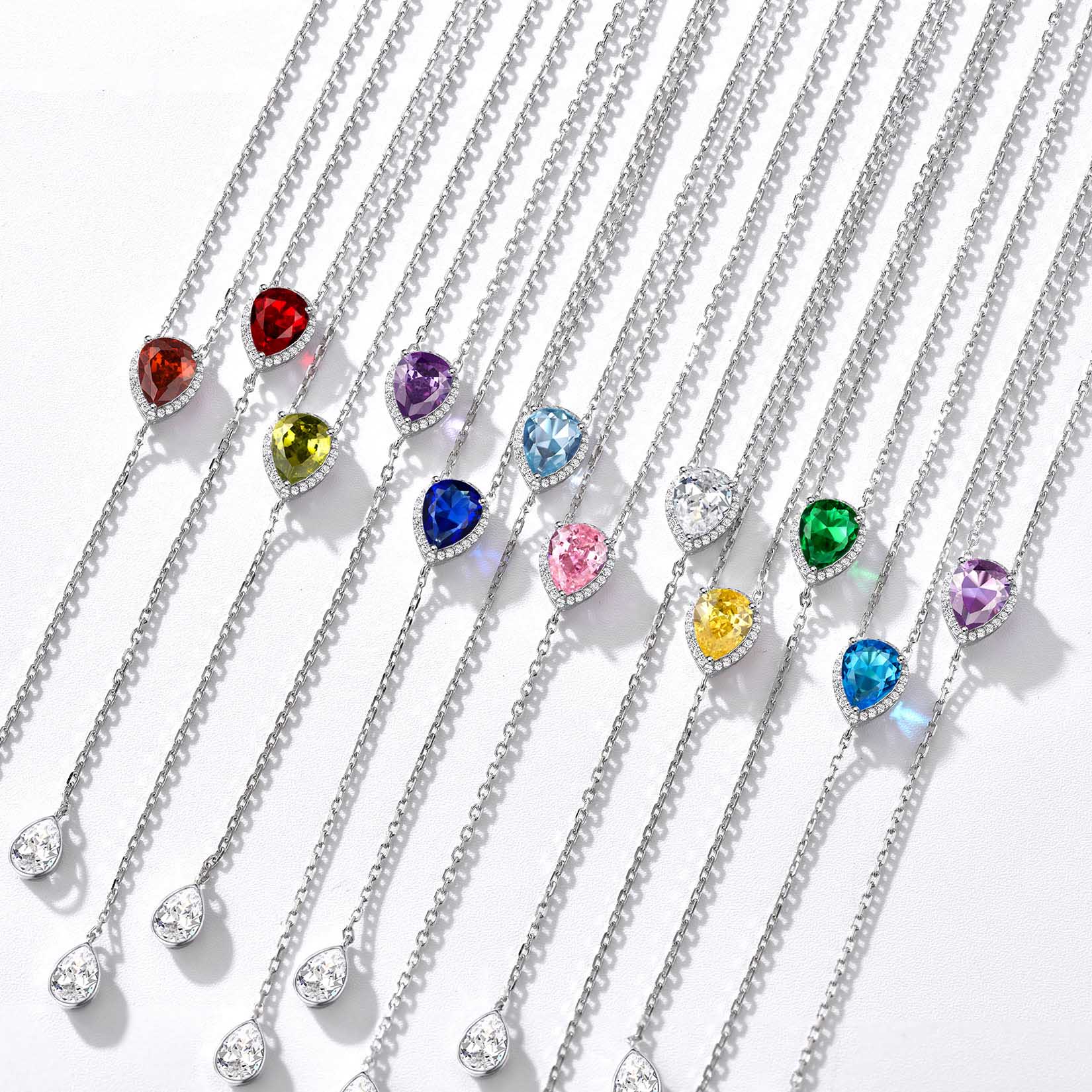 Adjustable Teardrop Cubic Zriconia Birthstone Lariat Necklace in Different Month Colors