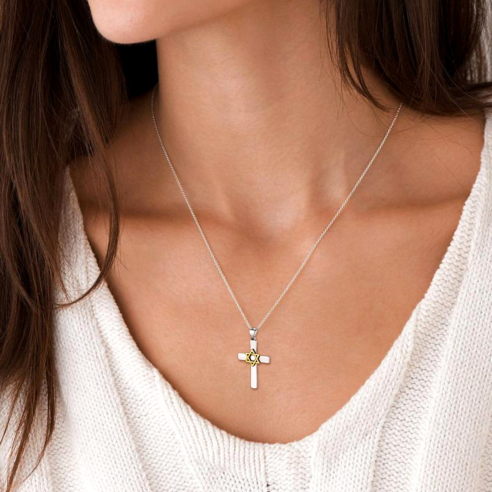 Two Tone Cross Star of David Pendant Necklace for Women, Ladies, Religious Jewish Jewelry