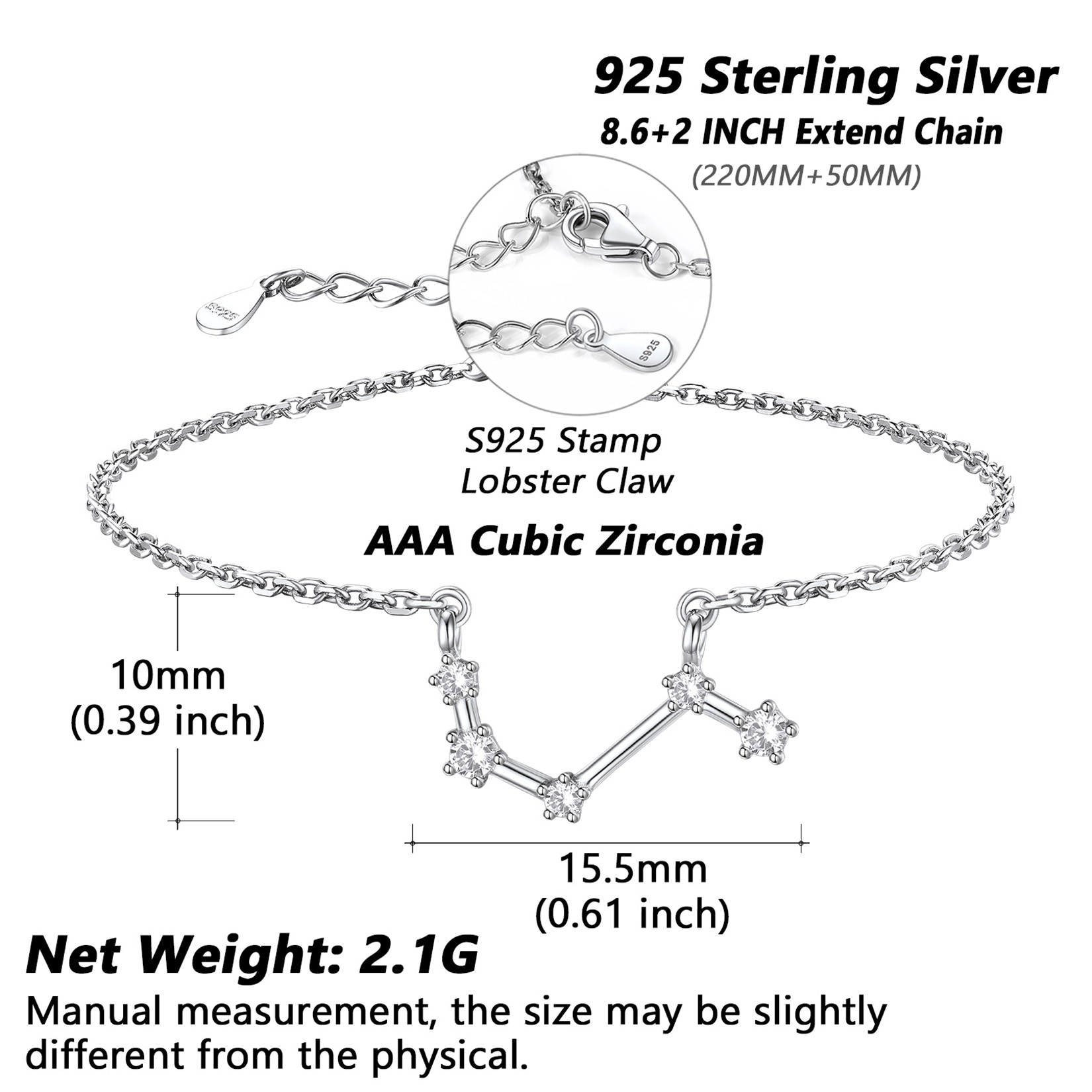  Adjustable Zodiac Cubic Zirconia Horoscope Chain Anklet Details: Dimensions, Hypoallergenic, Lobster-Claw-Clasps