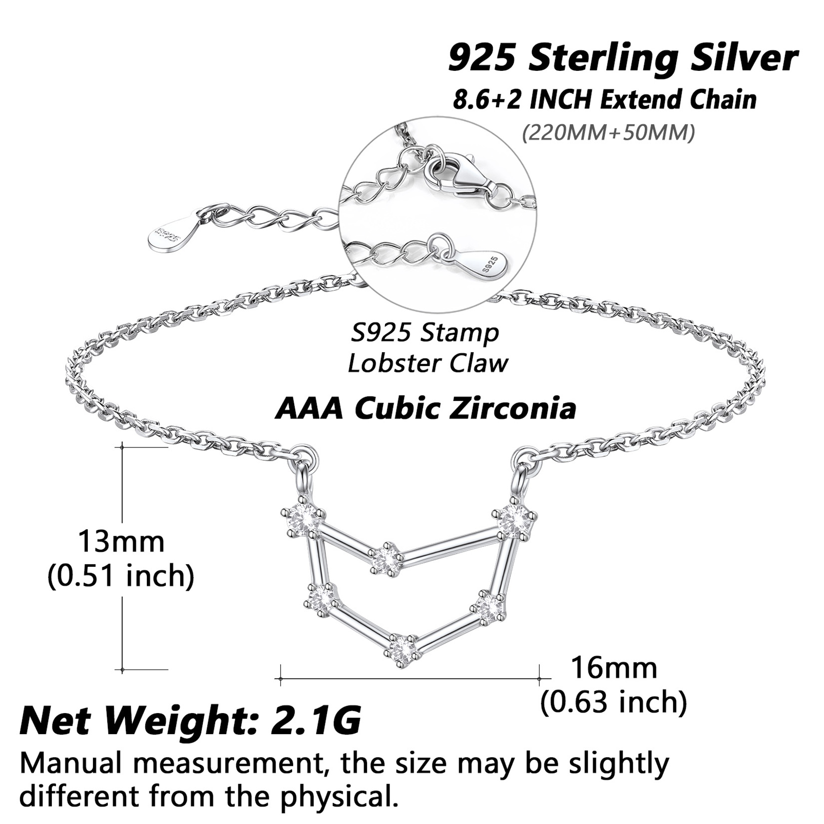  Adjustable Zodiac Cubic Zirconia Horoscope Chain Anklet Details: Dimensions, Hypoallergenic, Lobster-Claw-Clasps