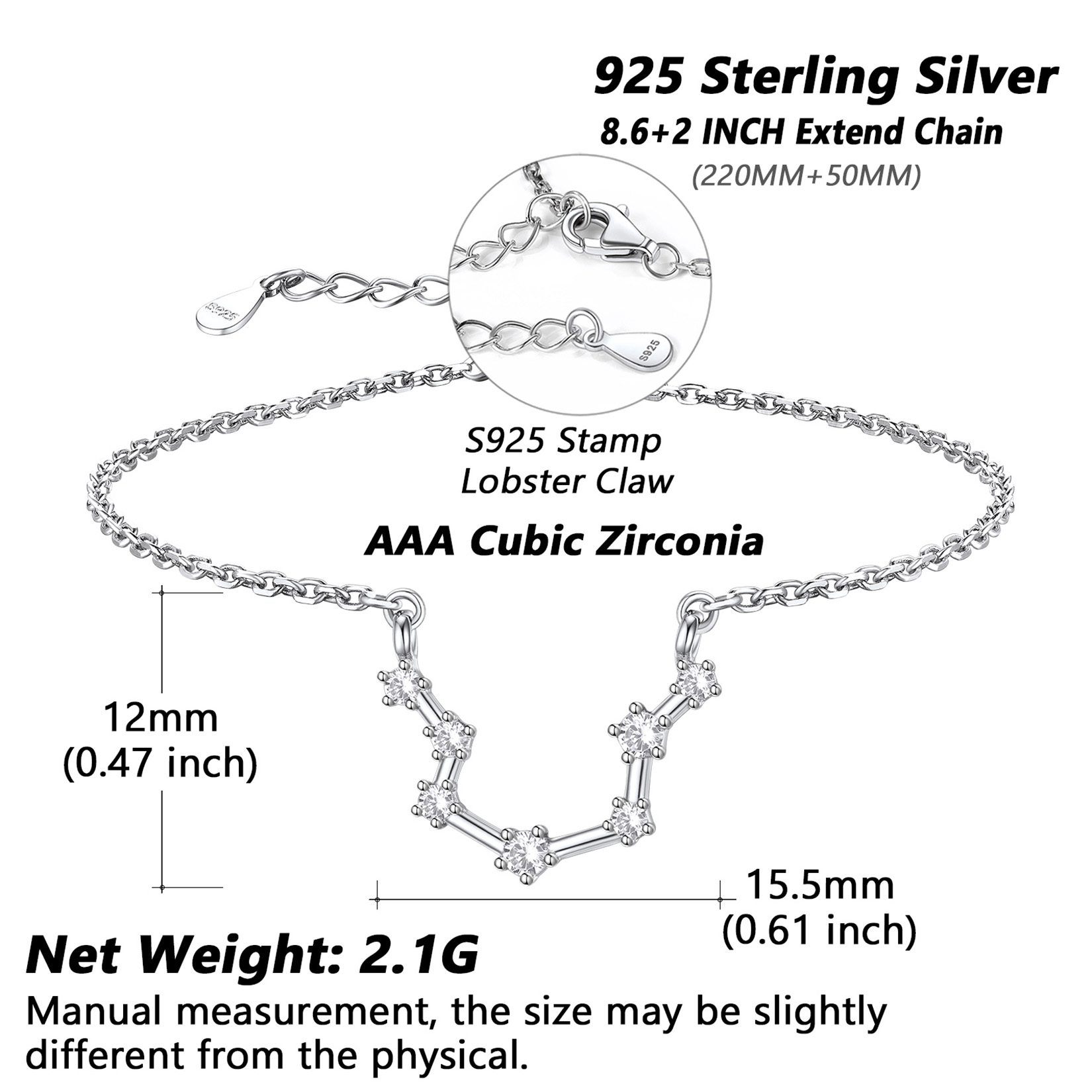  Adjustable Zodiac Cubic Zirconia Horoscope Chain Anklet Details: Dimensions, Hypoallergenic, Lobster-Claw-Clasps