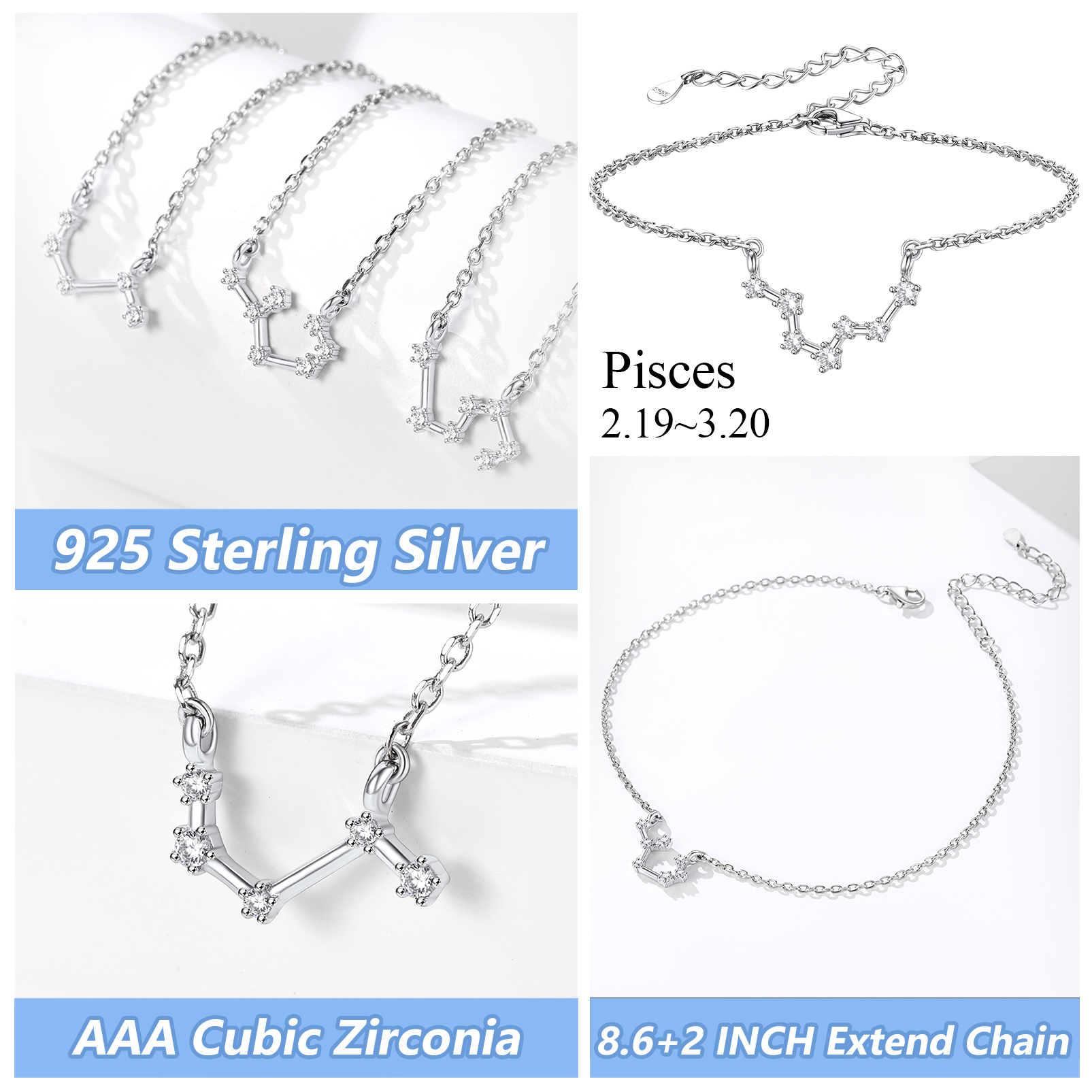  Adjustable Zodiac Cubic Zirconia Horoscope Chain Anklet Details: Dimensions, Hypoallergenic, Lobster-Claw-Clasps