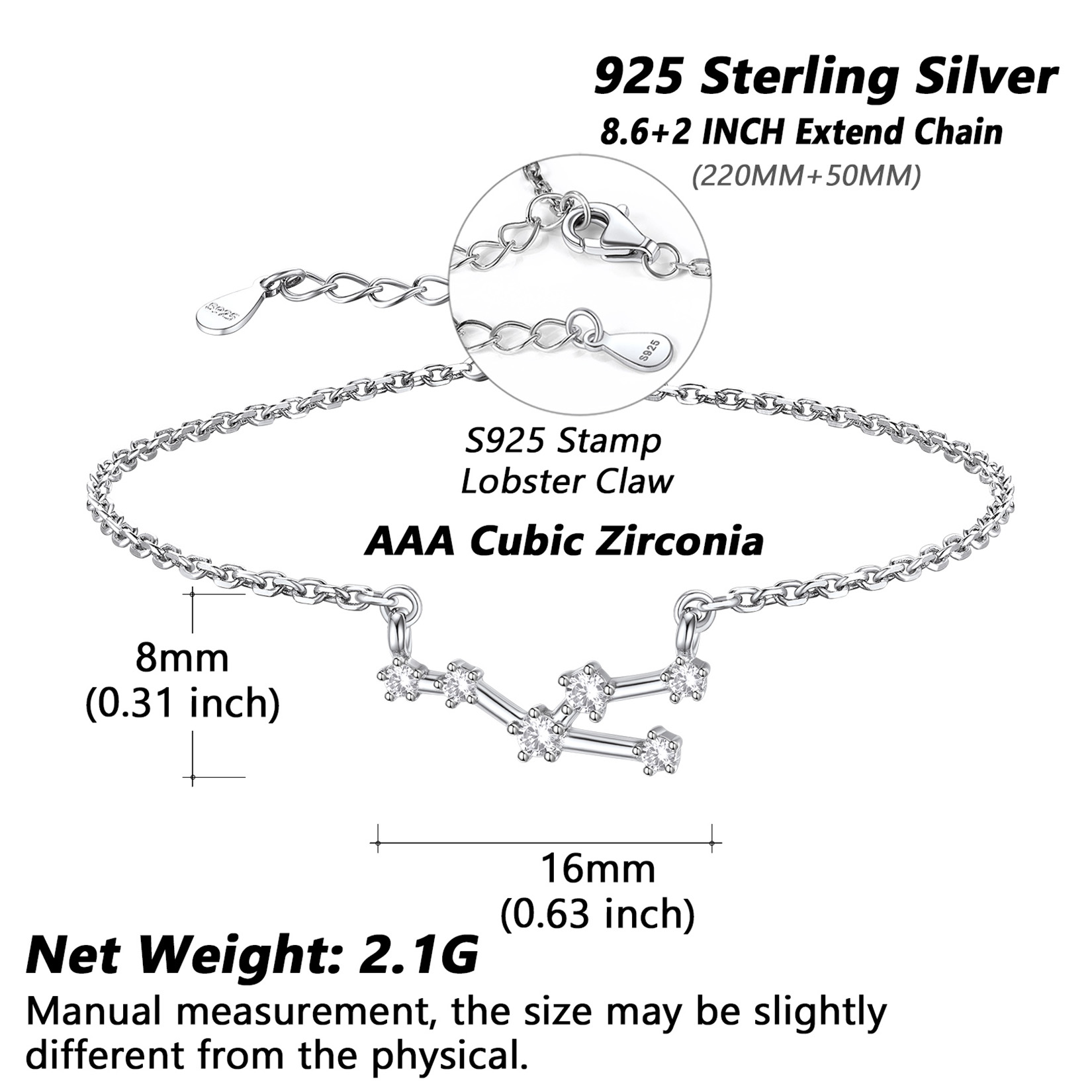  Adjustable Zodiac Cubic Zirconia Horoscope Chain Anklet Details: Dimensions, Hypoallergenic, Lobster-Claw-Clasps