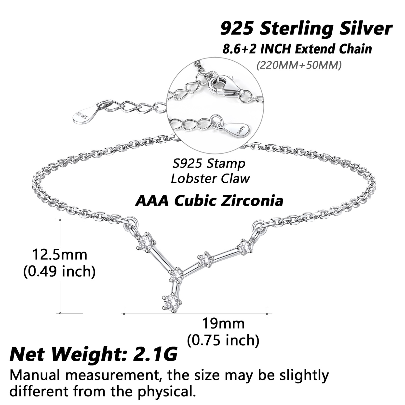  Adjustable Zodiac Cubic Zirconia Horoscope Chain Anklet Details: Dimensions, Hypoallergenic, Lobster-Claw-Clasps