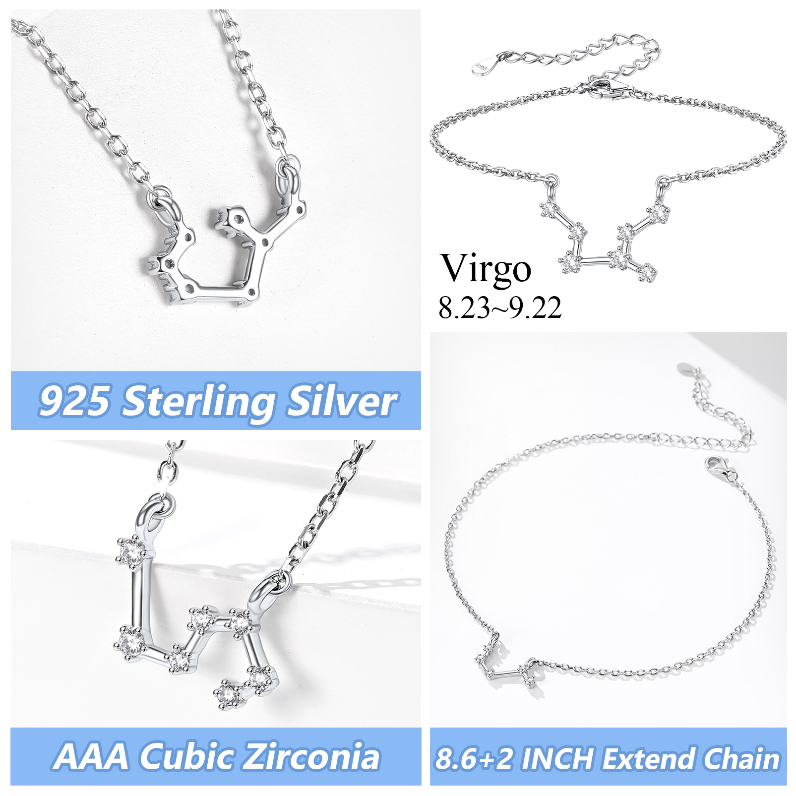  Adjustable Zodiac Cubic Zirconia Horoscope Chain Anklet Details: Dimensions, Hypoallergenic, Lobster-Claw-Clasps