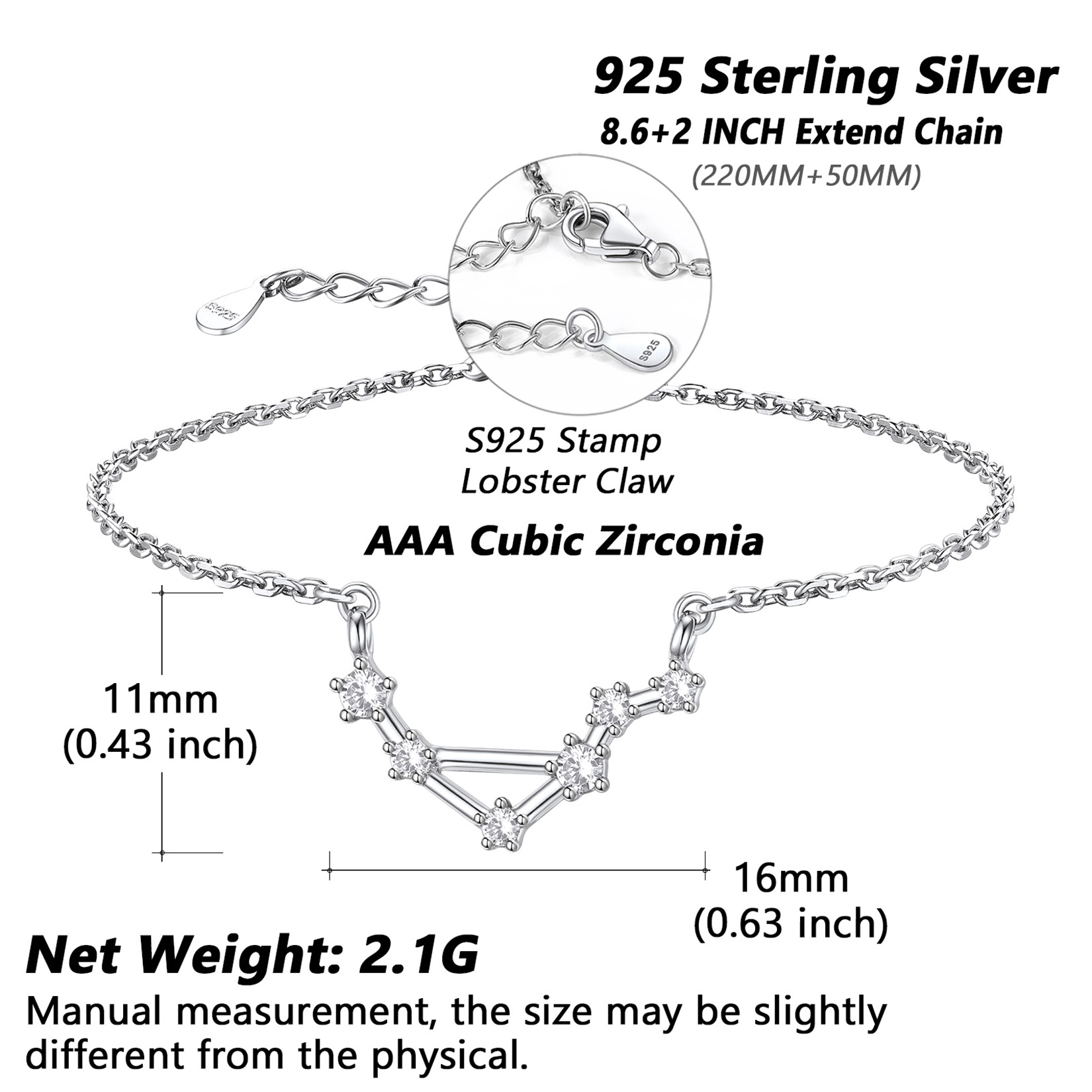  Adjustable Zodiac Cubic Zirconia Horoscope Chain Anklet Details: Dimensions, Hypoallergenic, Lobster-Claw-Clasps