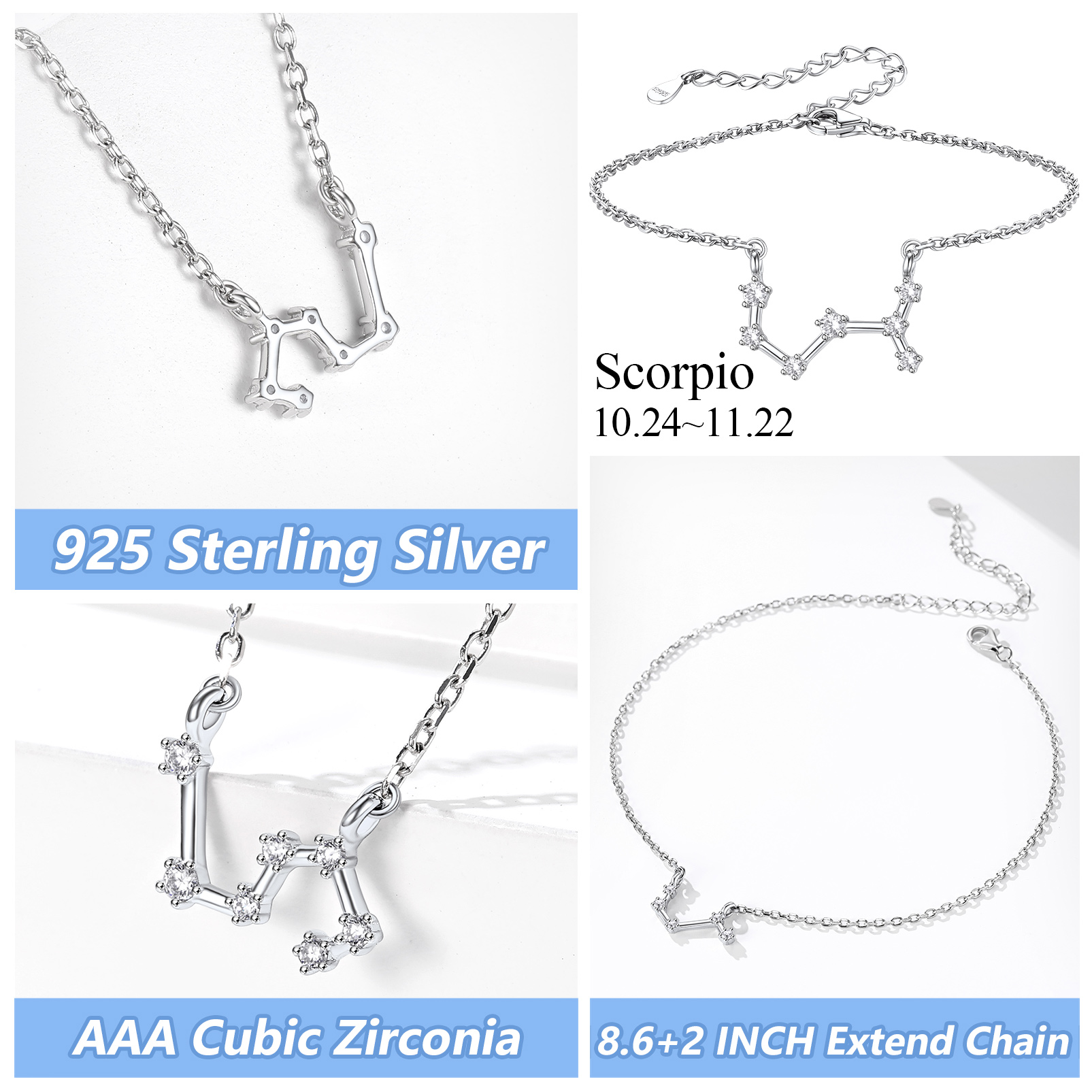  Adjustable Zodiac Cubic Zirconia Horoscope Chain Anklet Details: Dimensions, Hypoallergenic, Lobster-Claw-Clasps