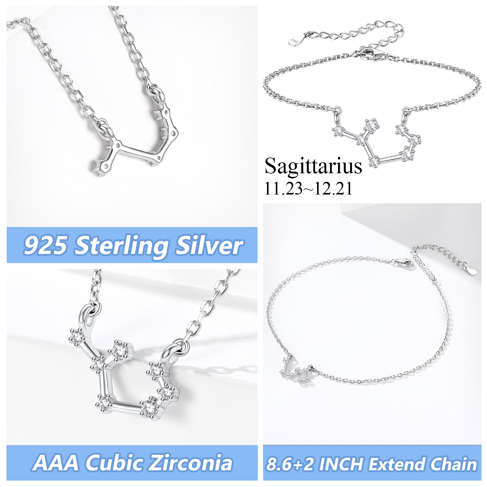  Adjustable Zodiac Cubic Zirconia Horoscope Chain Anklet Details: Dimensions, Hypoallergenic, Lobster-Claw-Clasps