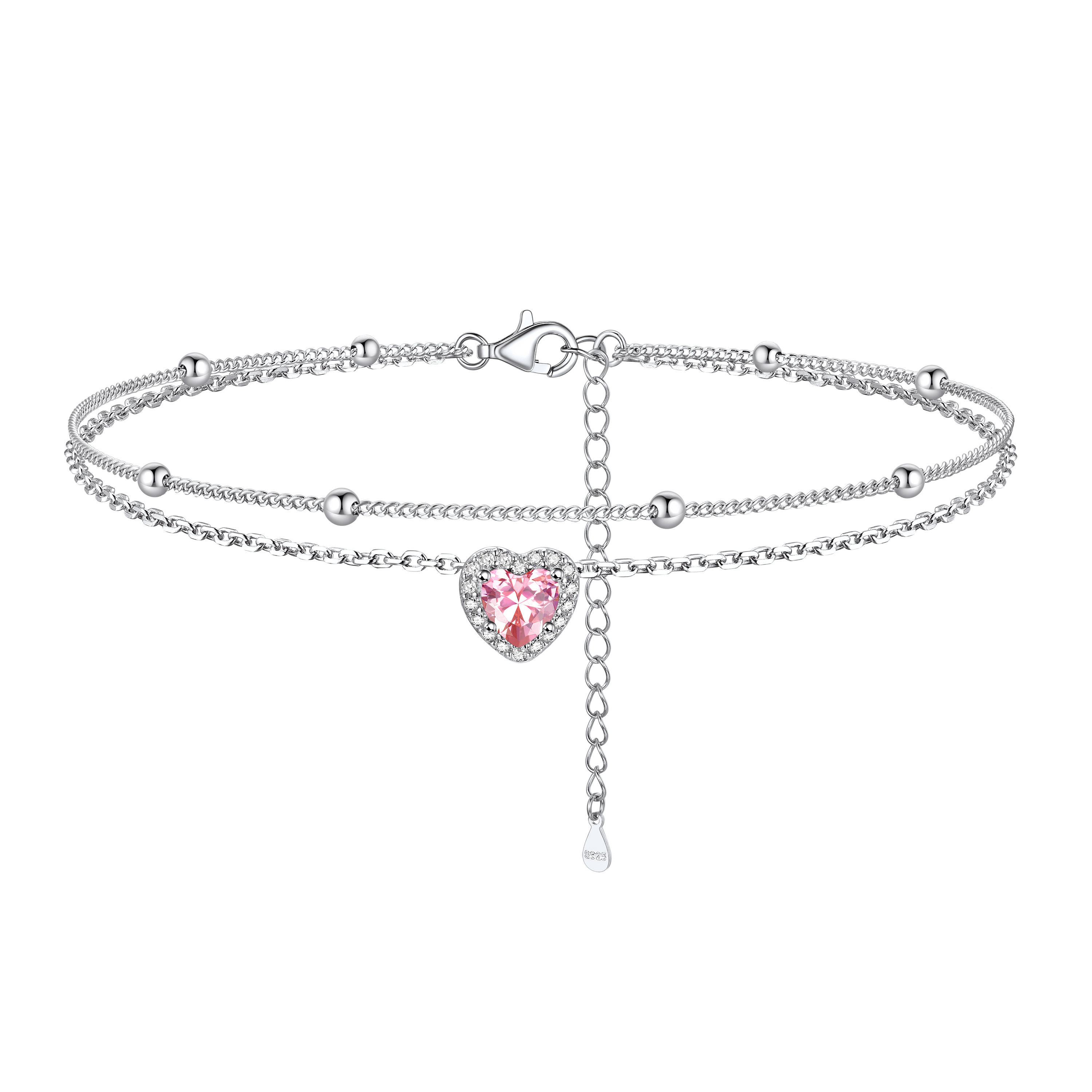 Adjustable Double-Layer Sparkling Heart Zircon Birthstone Ankle& Bracelet