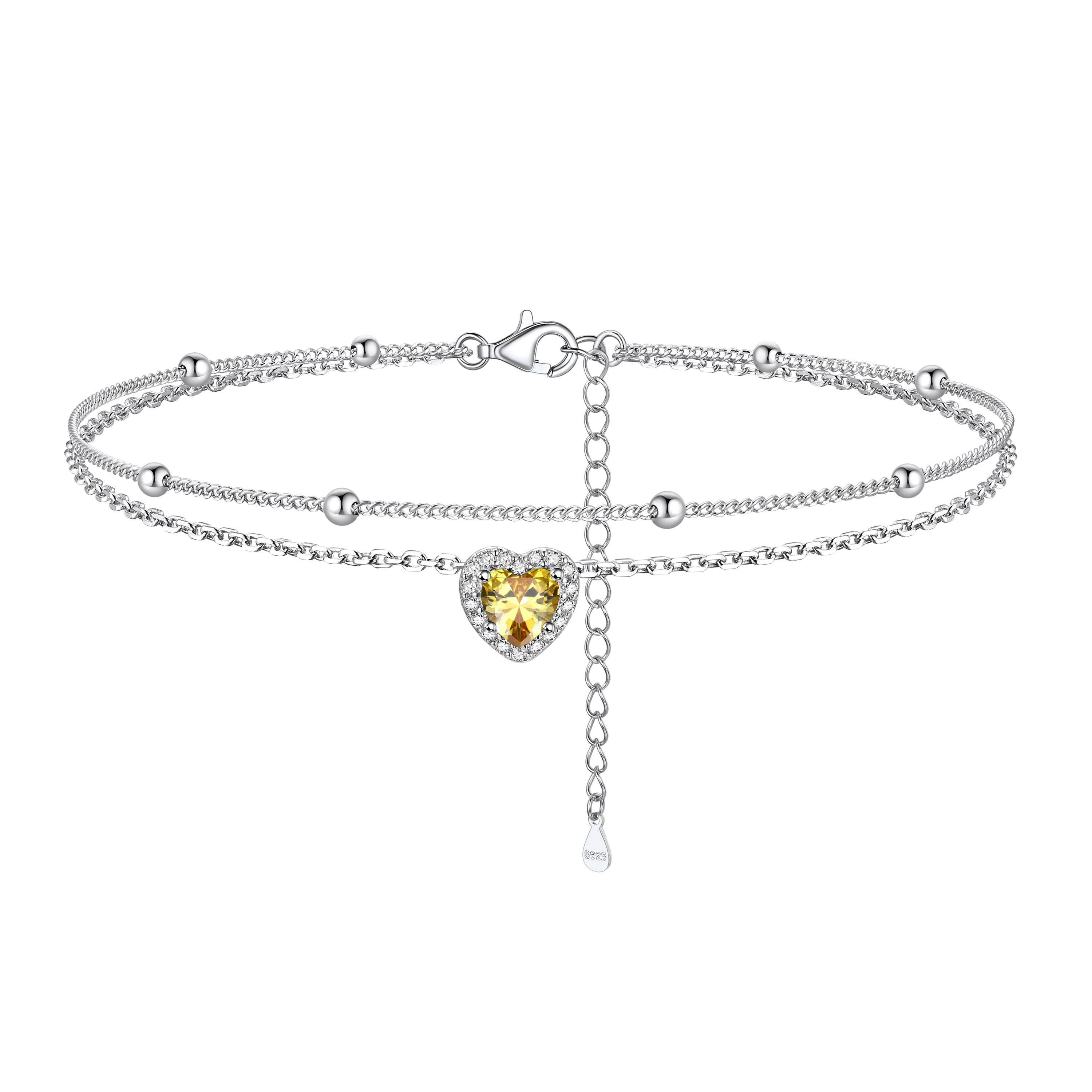 Adjustable Double-Layer Sparkling Heart Zircon Birthstone Ankle& Bracelet