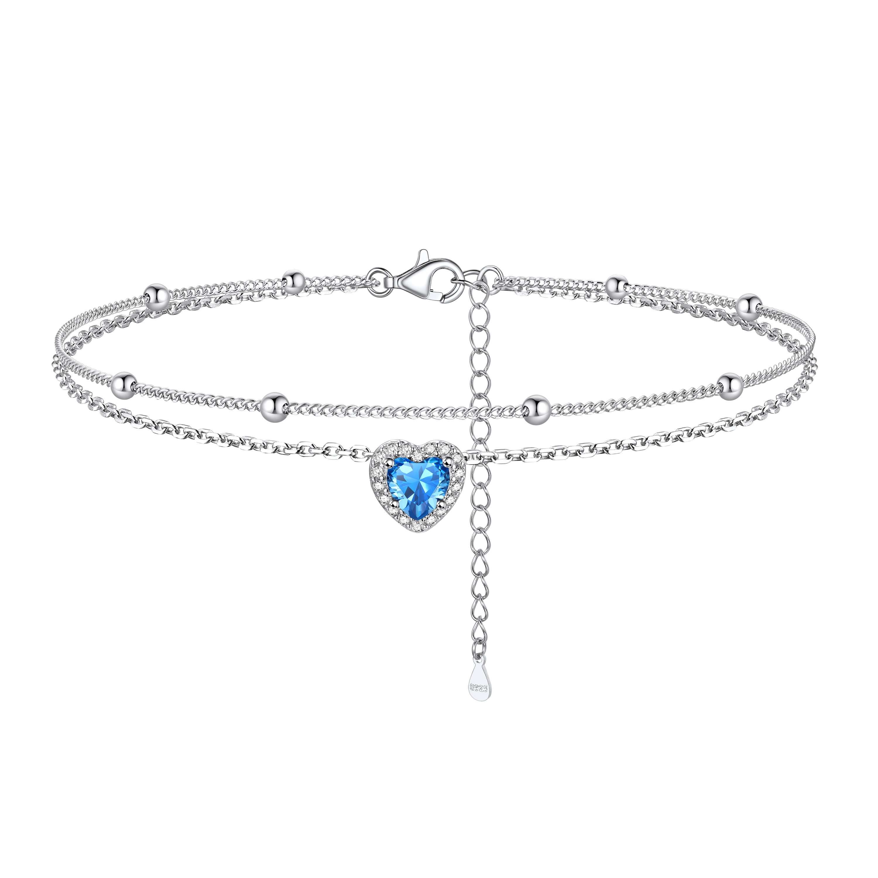 Adjustable Double-Layer Sparkling Heart Zircon Birthstone Ankle& Bracelet